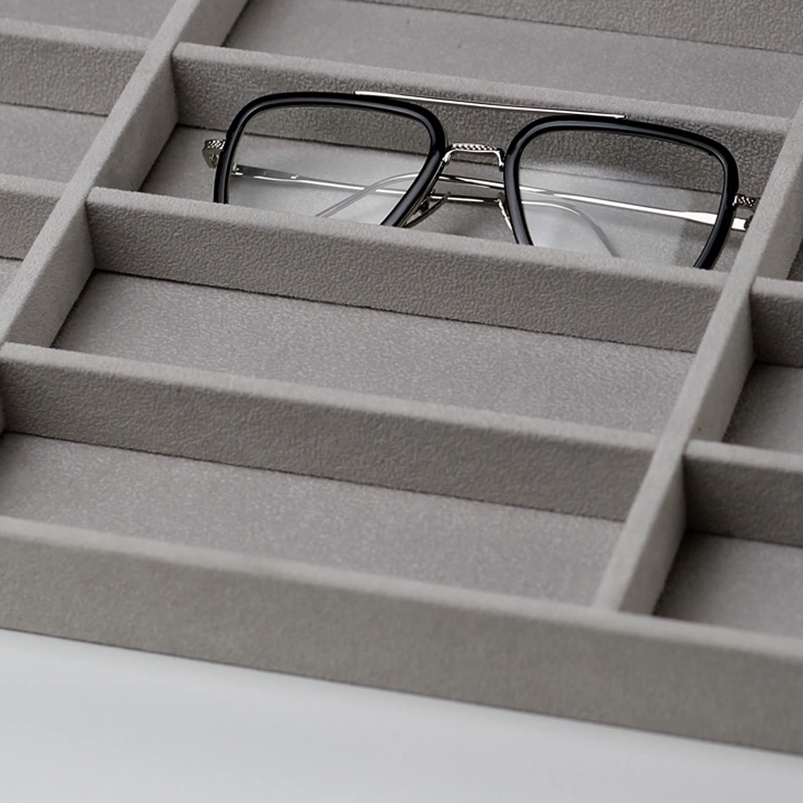 Espositore per Occhiali da Sole 18 Slot Grande Grande Grigio Premium Quality Velvet Glasses Box Vassoio impilabile Pratica Fiera Trade Show Home Uso Gioielli Display Organizer Per Esposizione Commerci