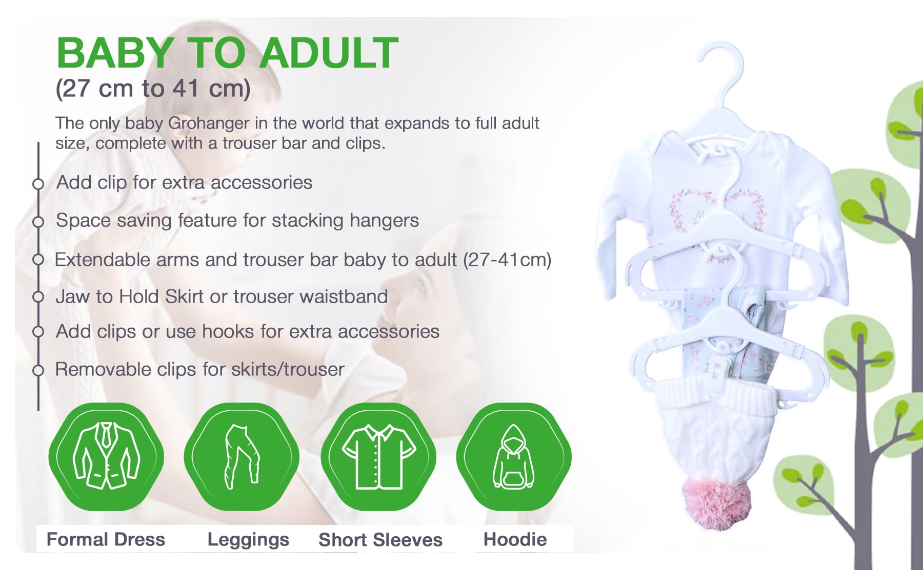 Grohanger Grucce estensibili salvaspazio per bambini, con clip, 18 grucce bianche per bambini, 12 clip rimovibili, barra per pantaloni da neonato a adulto, grucce per neonati per adulti.