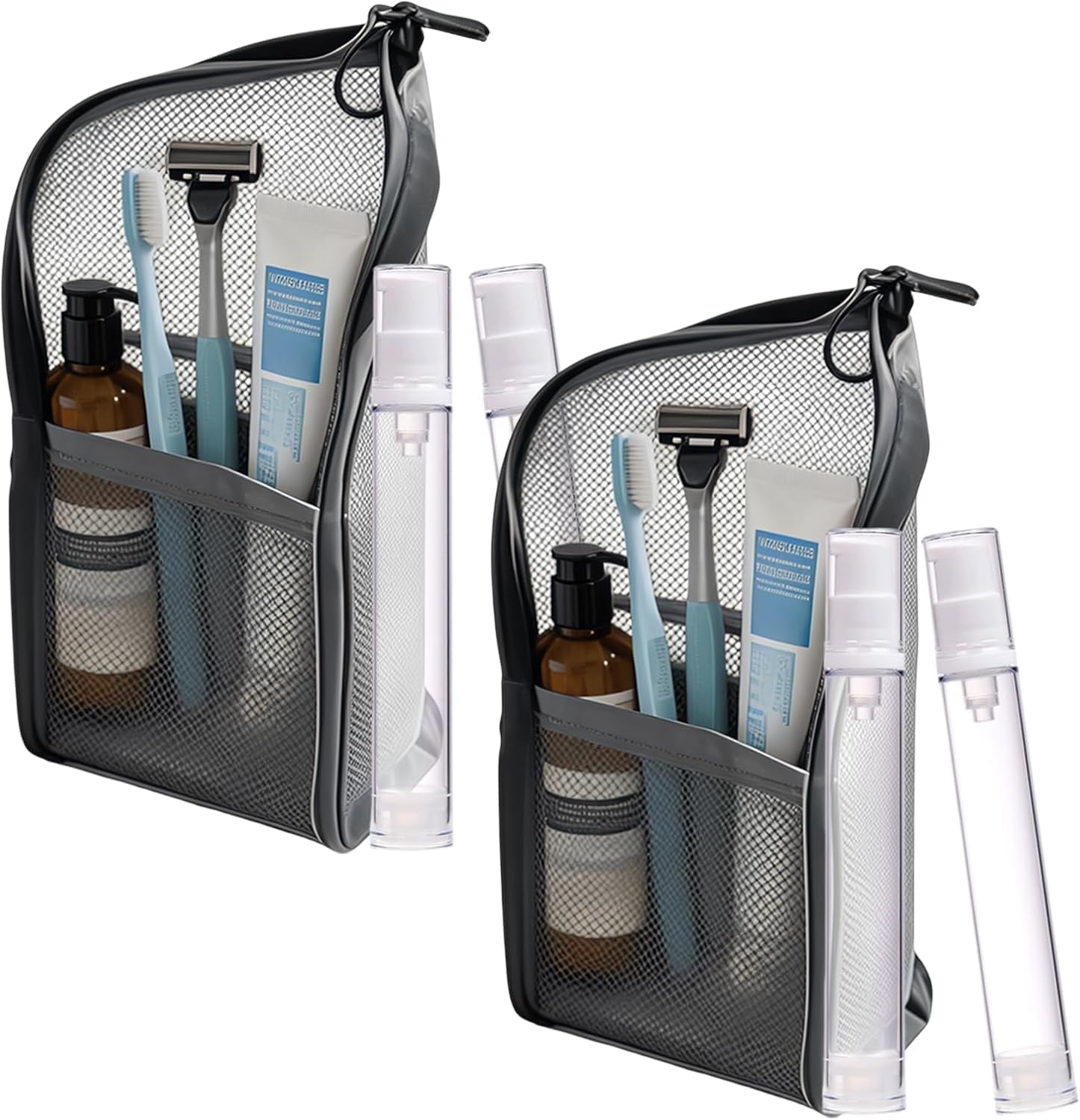 Standing Toiletry Bag, Portable Lightweight Travel Toiletry Bag, EVA Mesh Travel Toothbrush Storage Bag, Foldable Clear Hanging Toiletry Organizer for Travel Cosmetics and Toiletries (Black* 2)