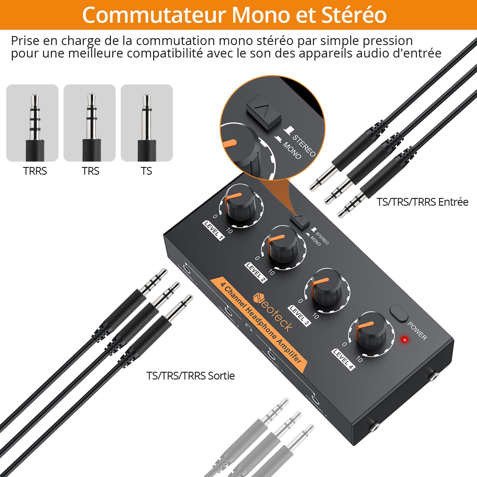 Neoteck Amplificateur de Casque Stéréo à 4 Canaux avec Commandes de Volume Amplificateur Audio en Métal Mono/Stéréo à 4 Canaux avec Câble Audio de 3,5 Mm pour Petits Groupes Club Bar Stage Mixer