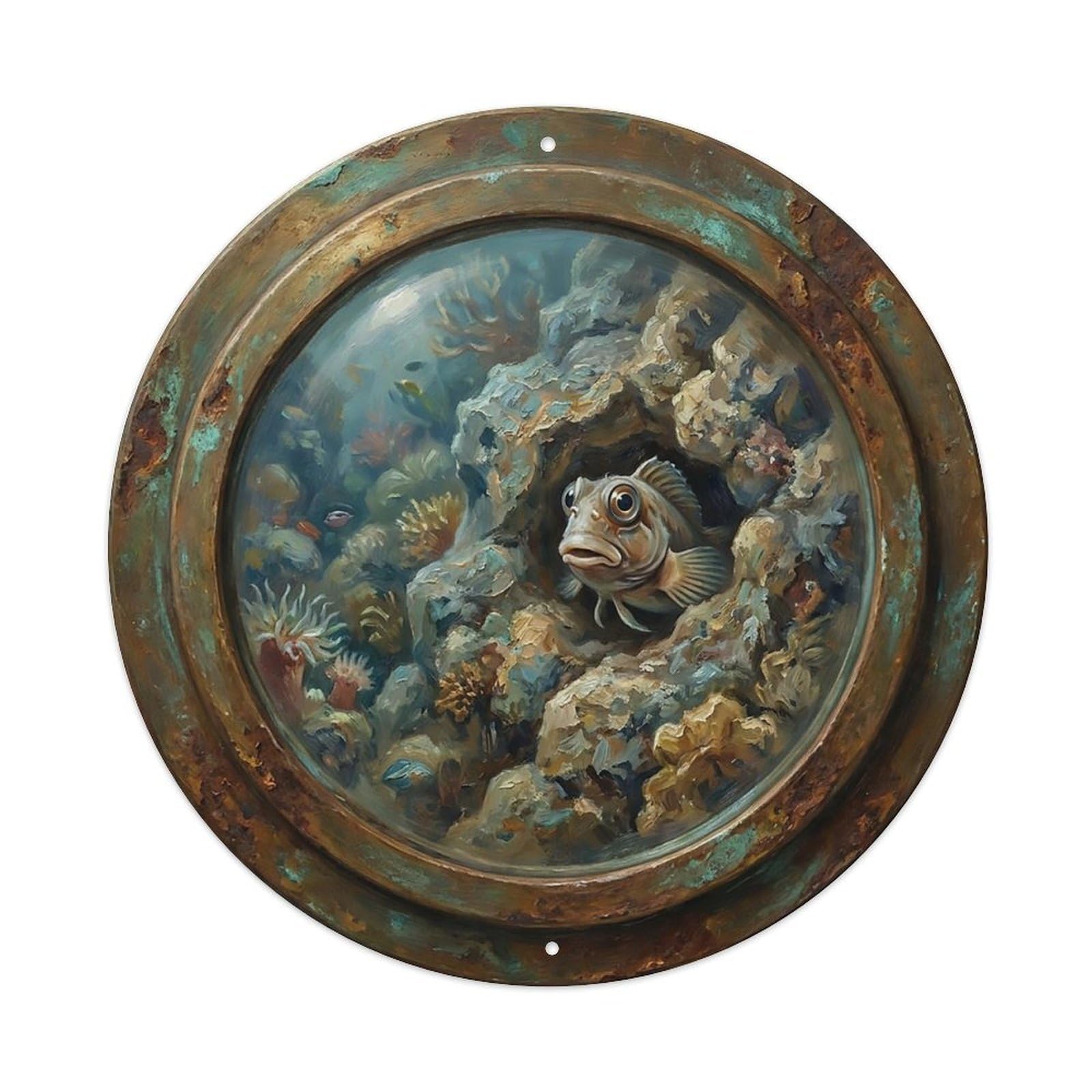 Vintage Porthole Blenny Fish Ship Window Undersea Deep Sea Metal Tin Sign