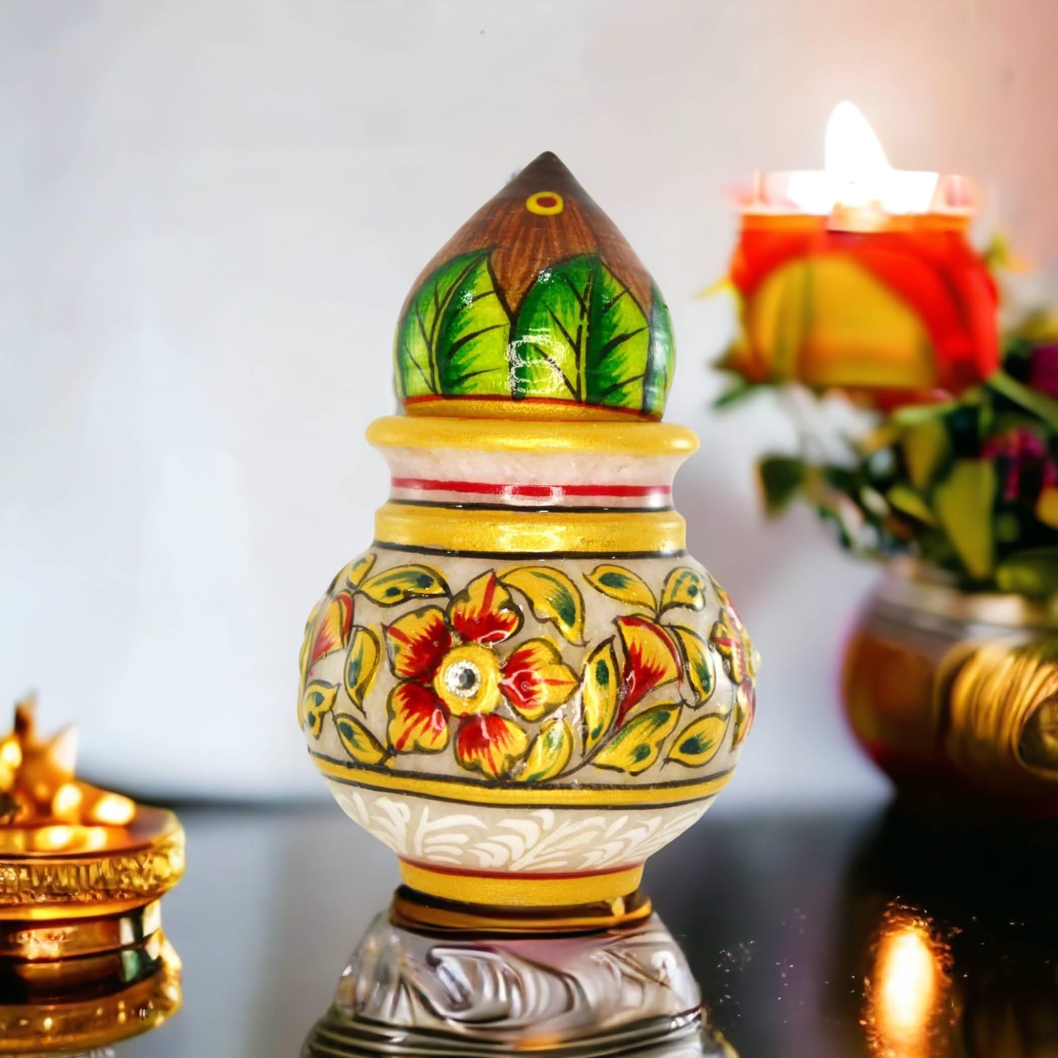 LOVENSPIRE White Marble Kalash Indian Mangal Kalash Decorated Coconut for Wedding Shagun Decorative Nariyal for Wedding Pooja Indian Festival