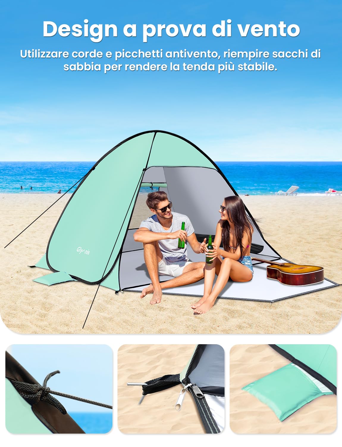 Glymnis Tenda da Spiaggia Completamente Chiuso Tenda Spiaggia Pop-up con Cerniera per 2-4 Persone, Protezione Solare UPF 50+, Include Borsa Portatile