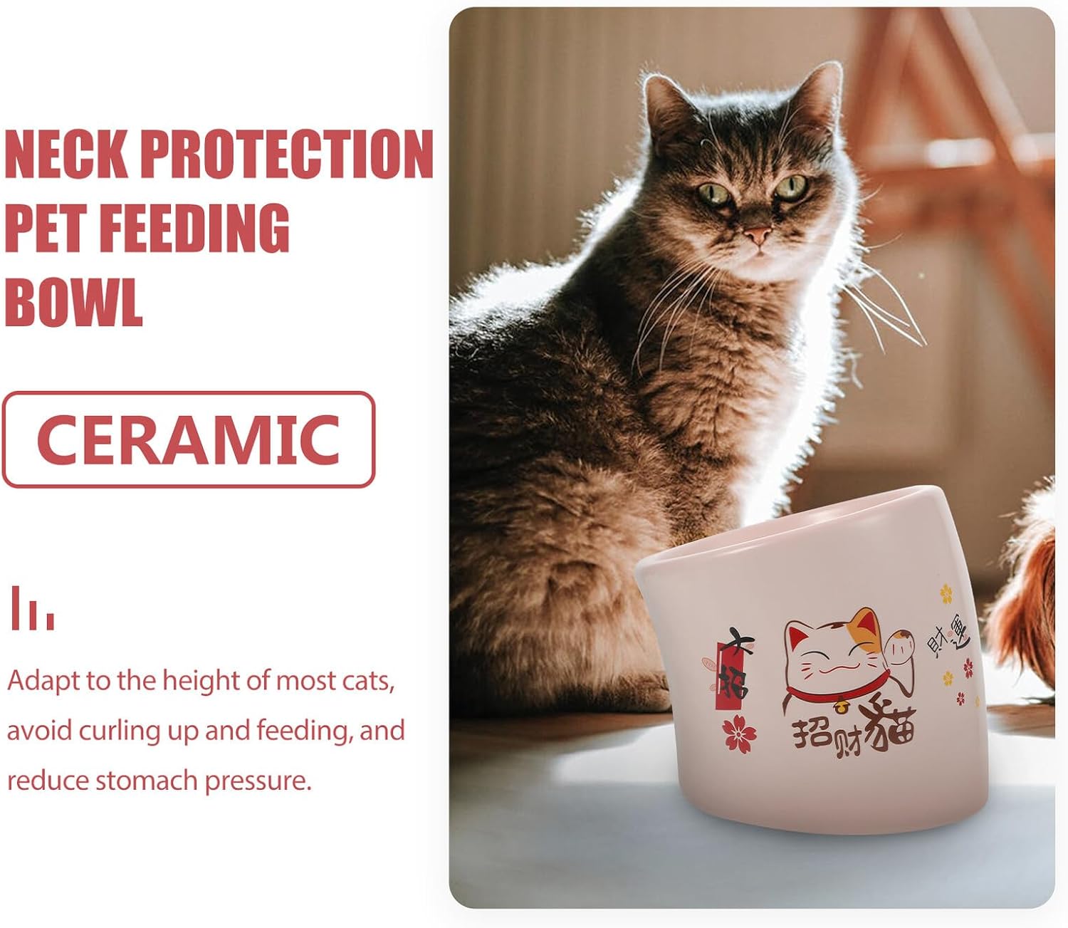 UPKOCH Elevated Anti-tip Ceramic Cat Bowl Pink with Neck Protection Kitten Feeder Non-Slip Pet Feeding Dish for Cats