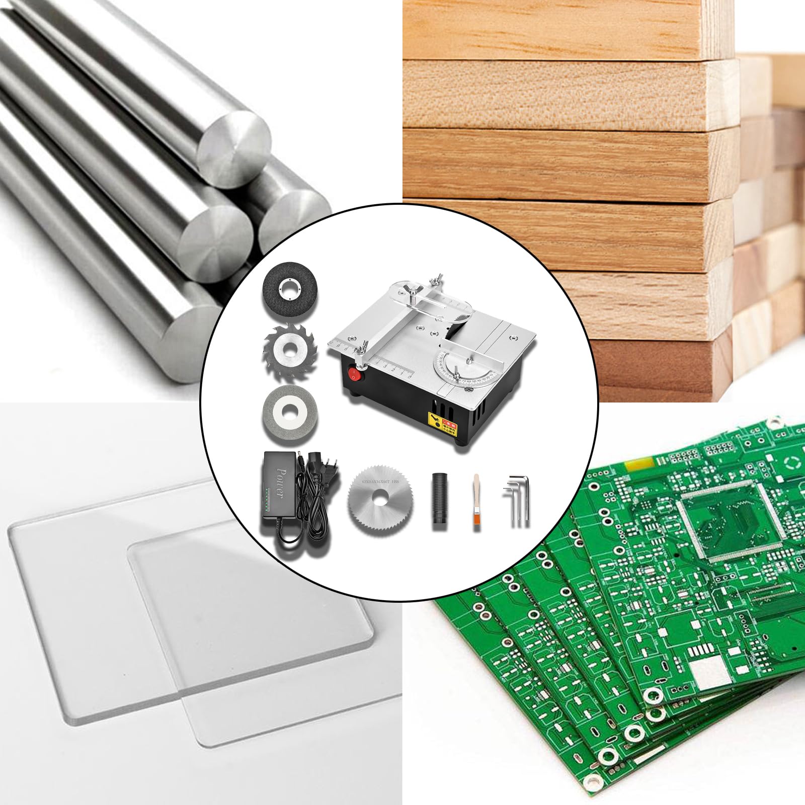 96W Tischkreissäge mit 4 Klingen, 7-Gang-Netzteil Mini Elektrische Tischsäge Tragbare Präzisions Schneidmaschine Multifunktionale Kleine Table Saw für Holzbearbeitungsprojekte (Nicht Einstellbarer)