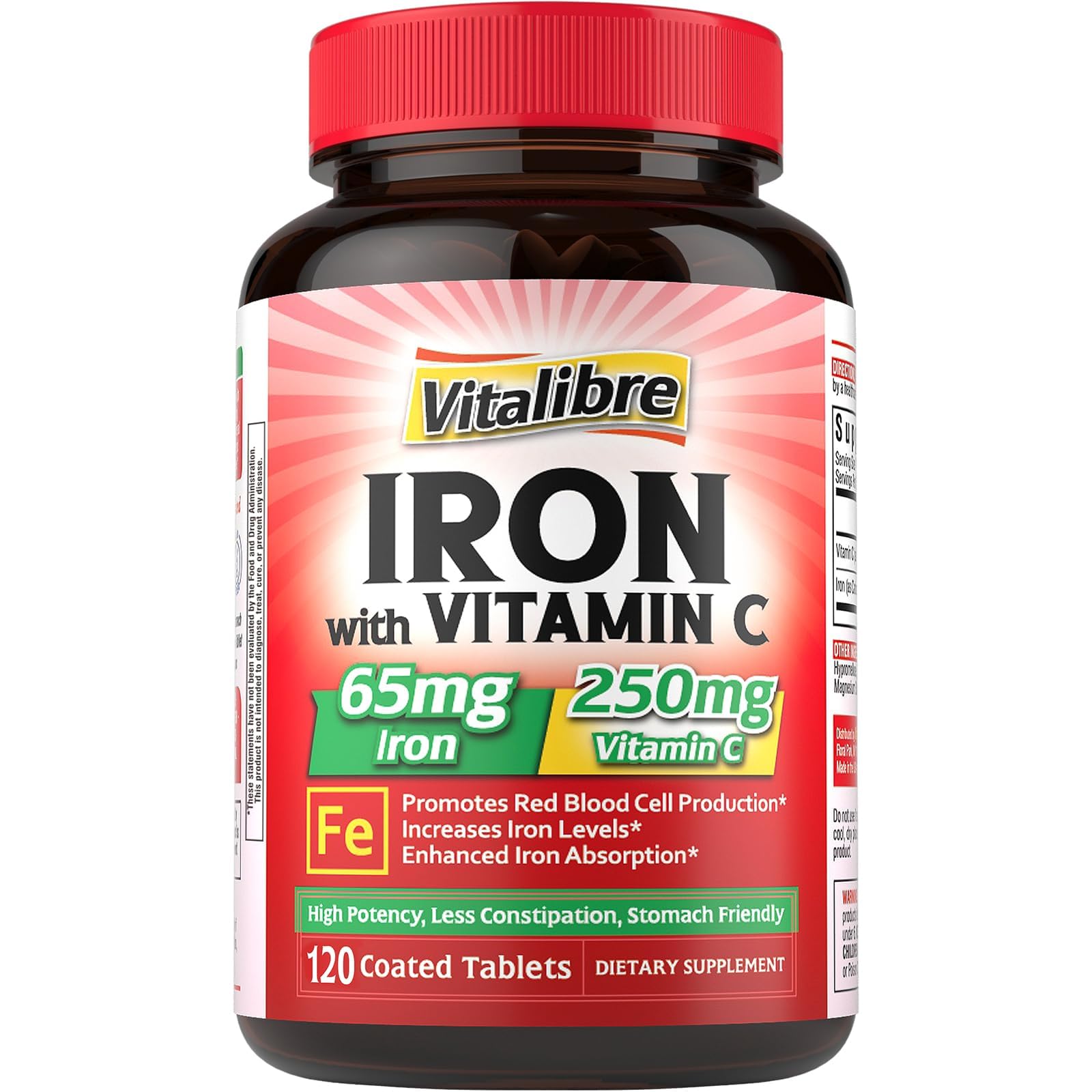 Iron Supplement 65mg with Vitamin C, Stomach Friendly Carbonyl Iron, High Potency & Absorption, for Healthy Iron & Energy Levels, Supports Red Blood Cell Production, 120 Tablets