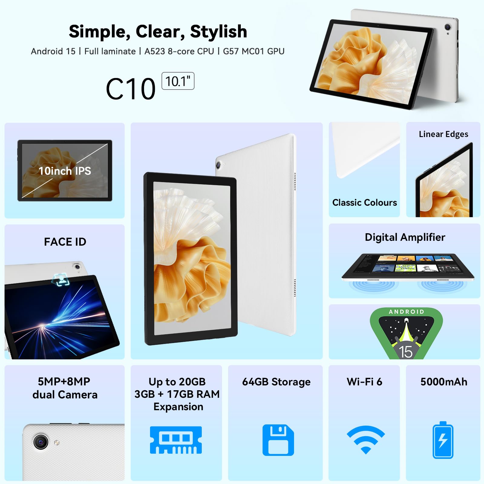 Laptok Tablet 10 pollici Android 15 Tablet con Octa-Core, Face ID, 20GB+64GB+1TB Espansione, 1280 * 800 HD IPS Touchscreen, tablet Android con WiFi 6 BT5.3, Doppia Fotocamera 5MP+8MP, Widevine L1