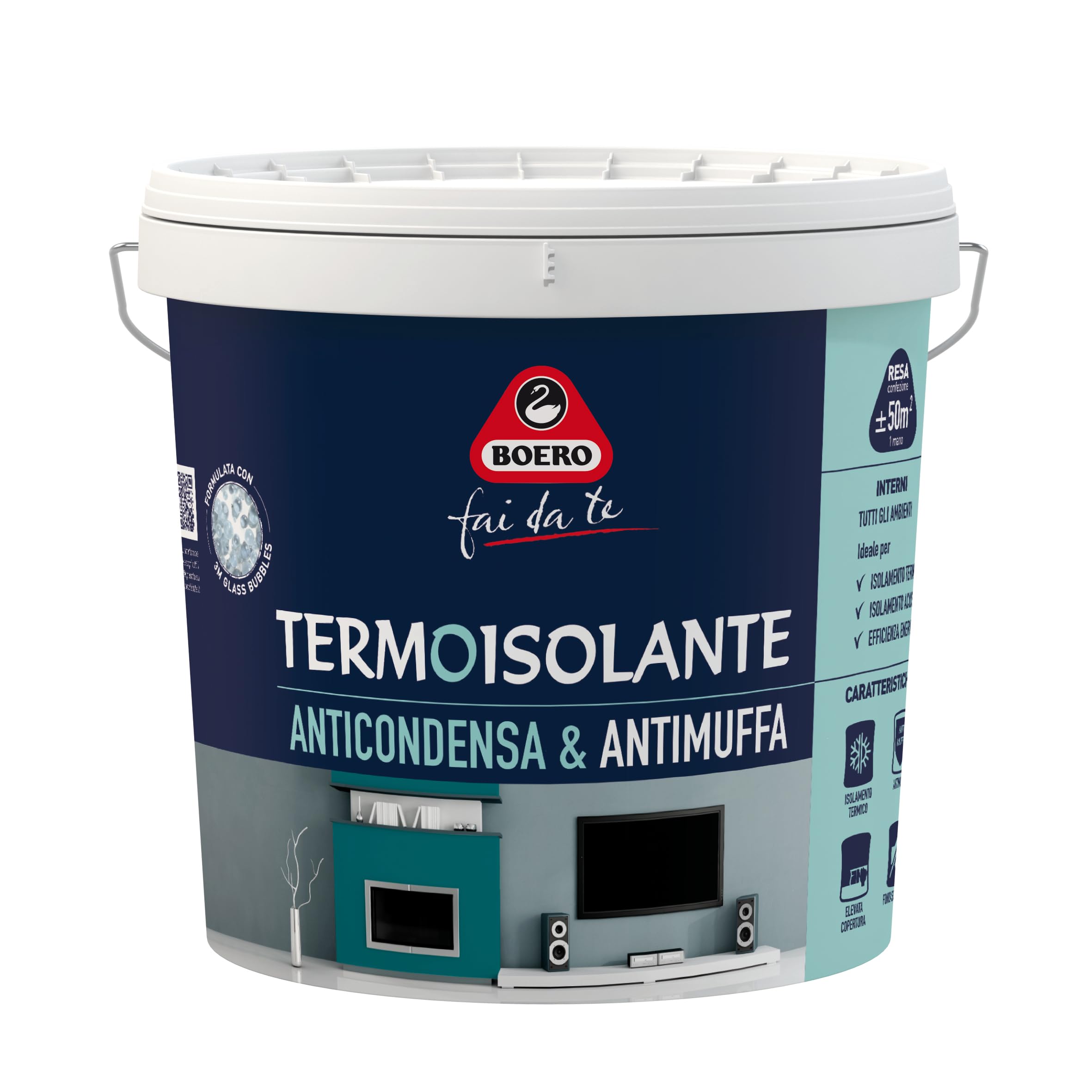 Boero Fai da Te, Termoisolante Antimuffa e Anticondensa, Pittura Interna Termoisolante, Antimuffa, Fonoassorbente, ad Alta Copertura, Riduce Condensa, Latta da 10L