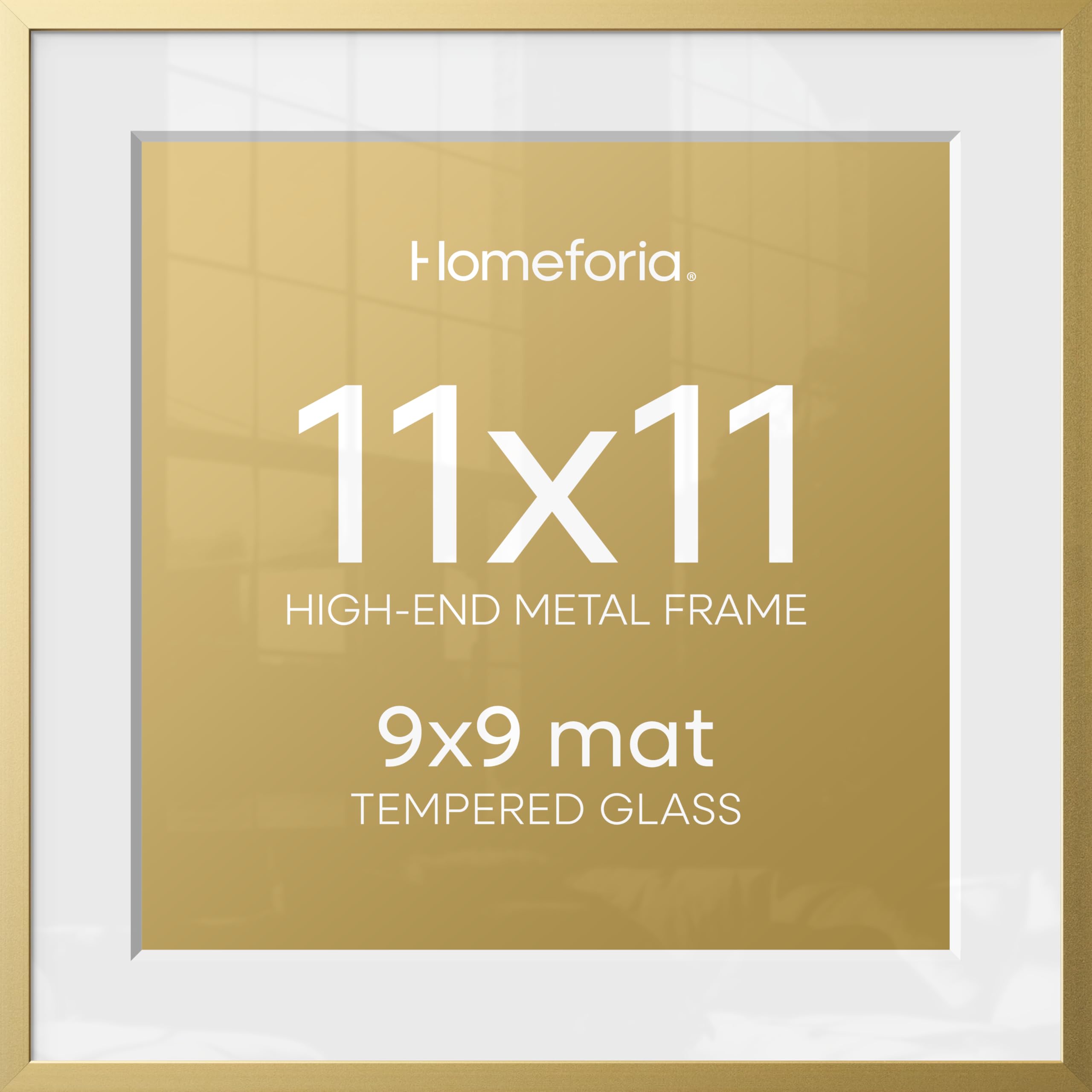 Homeforia 11x11 Gold Picture Frame, High-End Metal, 9x9 Mat, Glass | High End Aluminum, Tempered Glass, Acid-Free 9x9 Removable Mat, 11x11 in Edge-to-Edge Display 11x11, Wall Kit, Set Of 1
