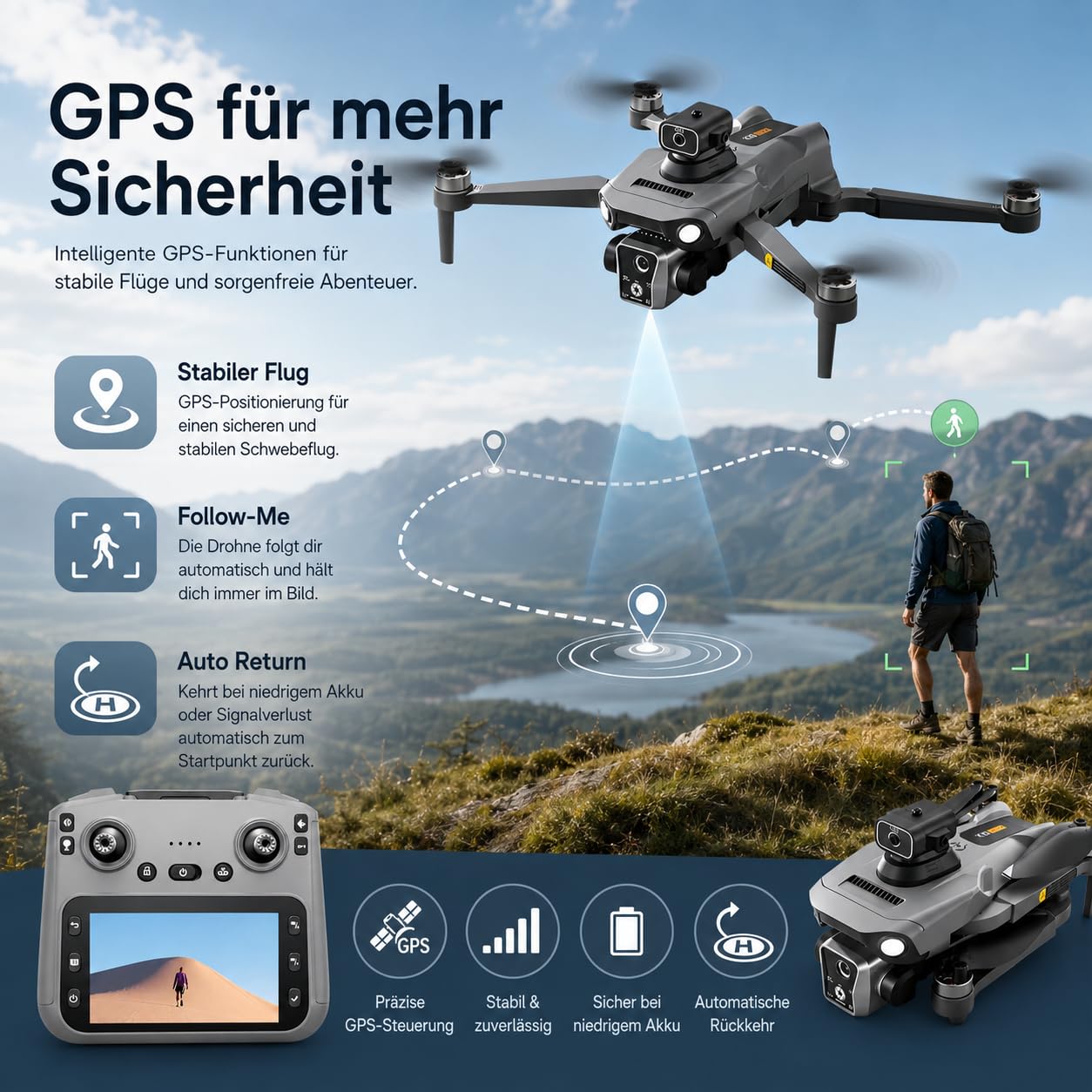 K19 GPS Drohne mit 4K Kamera, Fernbedienung mit Live-Display, 600m Reichweite, 360° Hindernisvermeidung, Follow-Me, Auto-Return, Bürstenlose Motoren, 40 Min Flugzeit