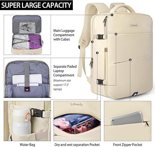Miniatura 4 de Lubardy Mochila de viaje para laptop, 40L, aprobada para vuelo, mochila de mano para hombres y mujeres, Beige (mochila con 3 cubos de embalaje),