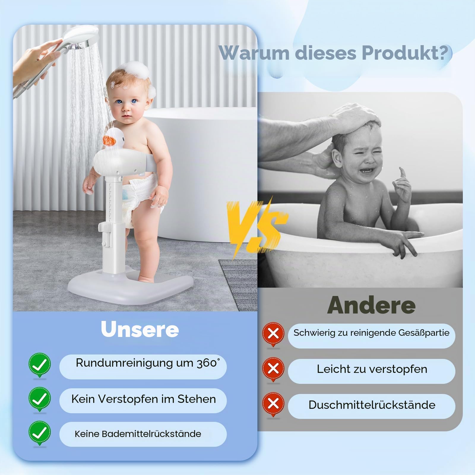 Baby Dusche Ständer mit Duschhalterung Klemmschutz, Einstellbarer (Ente) | Einfache Installation, mit Duschsitz & Antirutsch-Basis, für 6–36 Monate, Ideal als Babyduschständer und Babygeschenk
