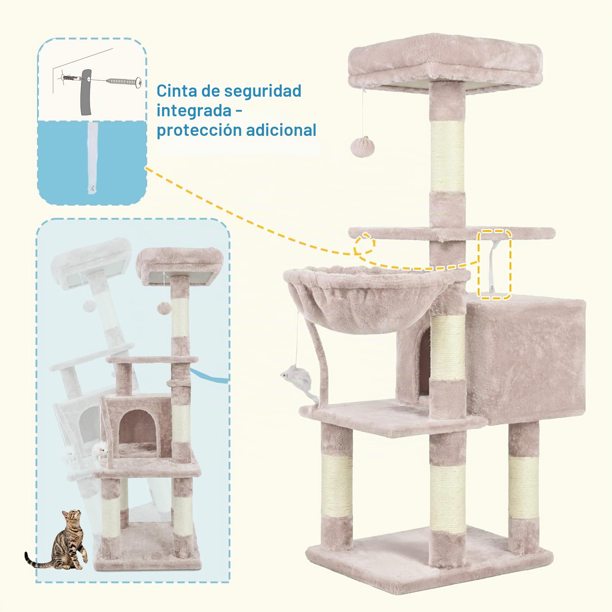 Hey-brother Árbol rascador para gatos de 111 cm con juguete, rascador con plataforma, hamaca y troncos de sisal, marrón beige EMPJ004SMU-N