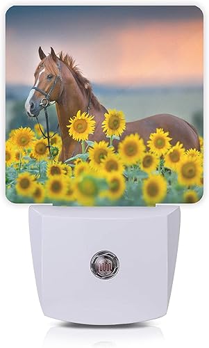 Luz nocturna de caballo, girasol, animales de granja, luces nocturnas enchufables con sensor de atardecer a amanecer para mujeresniñasniños, lámpara