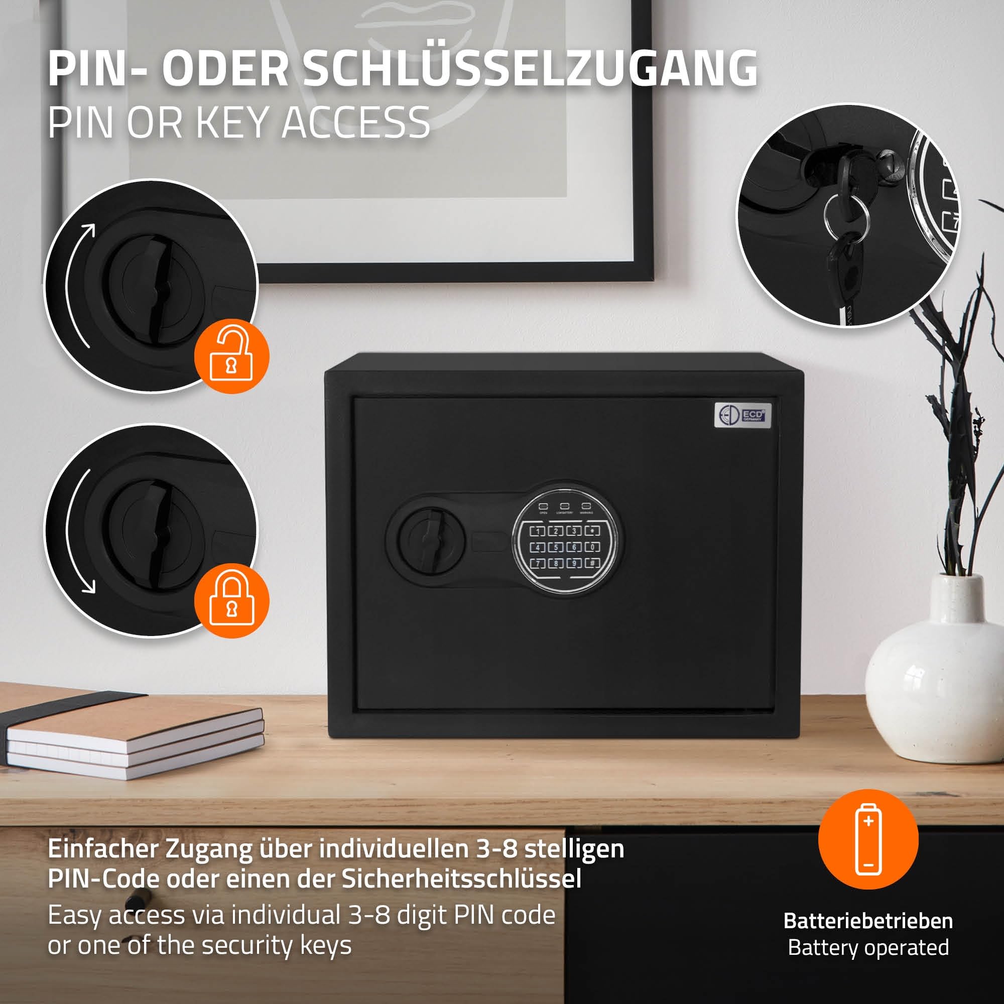 ECD Germany Coffre-Fort 27L 38x30x29,5cm, en Acier, Fixation Mural, avec Lumière à Capteur, Clavier Numérique, Code PIN et Clé, Caisse Électronique pour Bijoux/Argent, Porte-Documents Ignifuge inclus