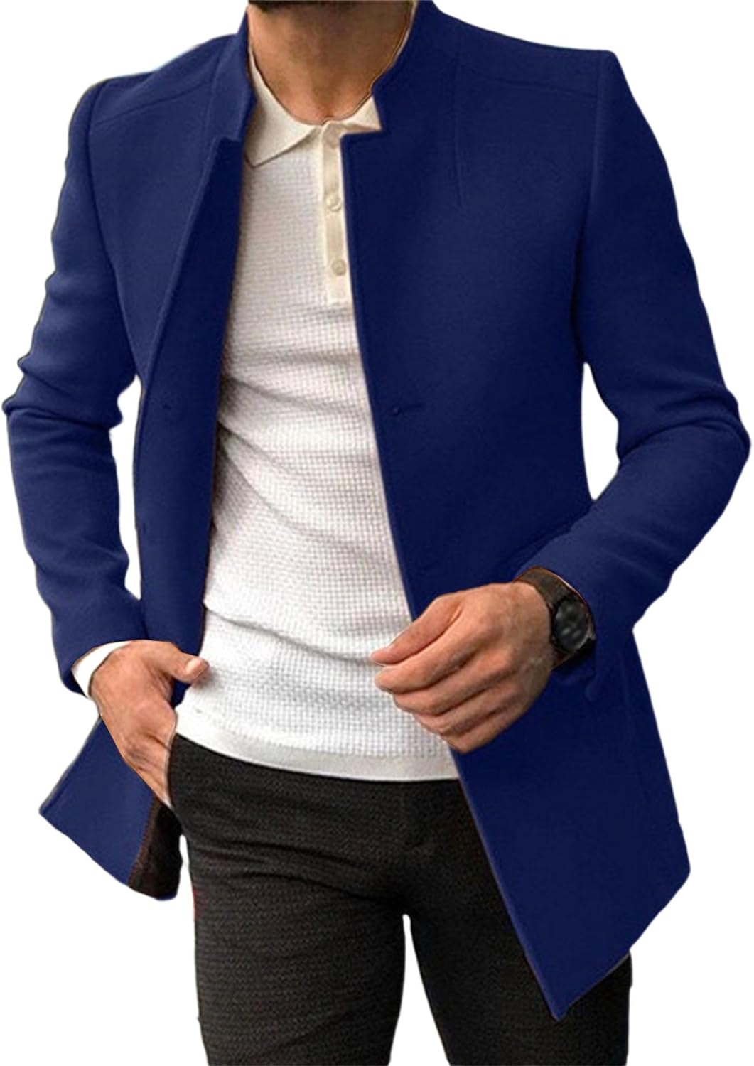 Maiyifu-GJ Men's Fall Winter Wool Blend Trench Coat Slim Fit Single Breasted Pea Coat Stand Collar Casual Business Overcoat