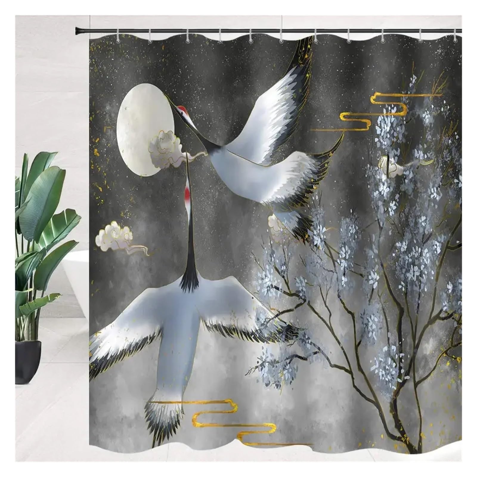 Cortina de Ducha con diseño Tradicional de pinos y grullas Volando, Arte paisajístico, Cortinas de Ducha Impermeables for baño, Ganchos(Color-05,W240xH180cm)