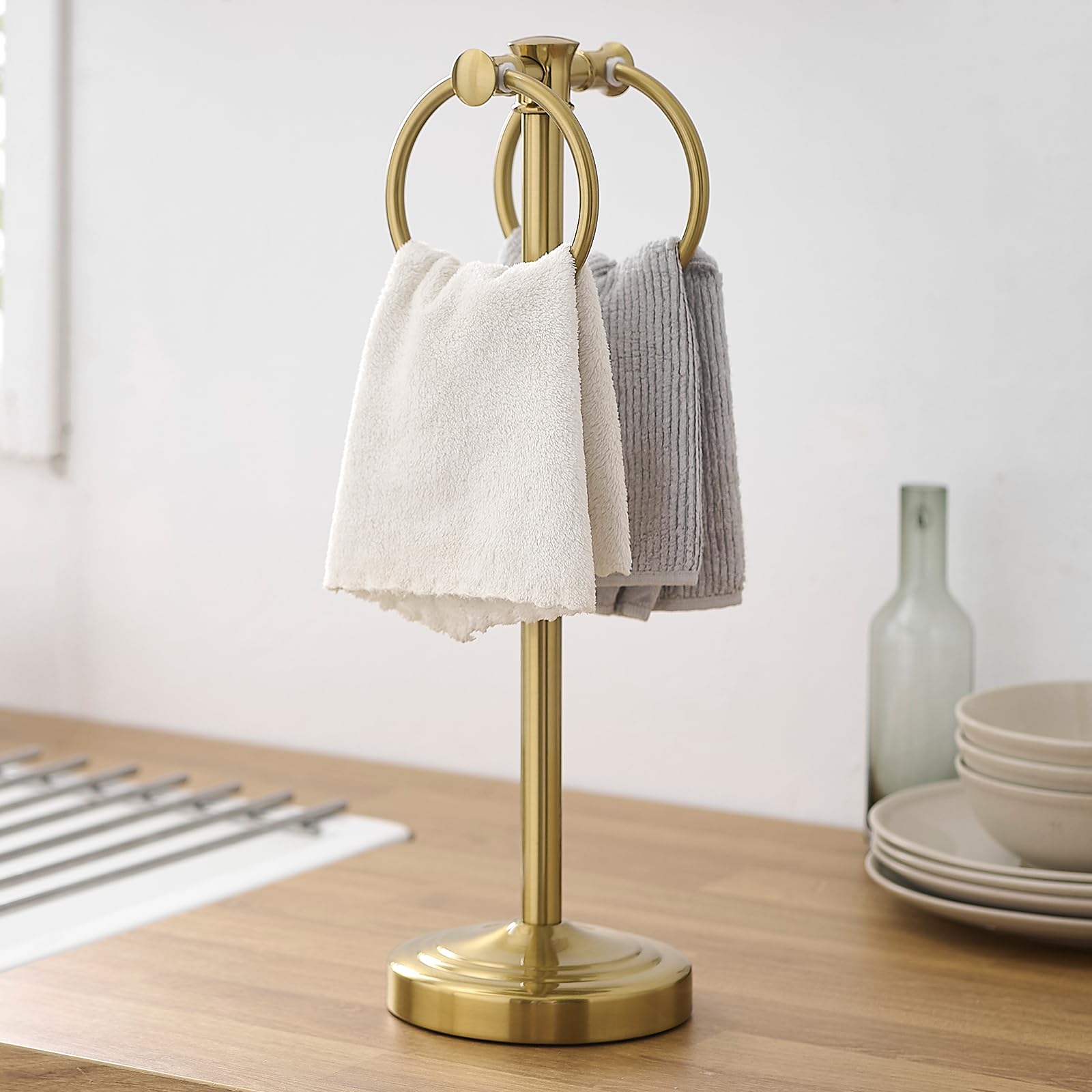 Hoimpro Brushed Gold Standing Towel Rack Bracket Double Towel Ring