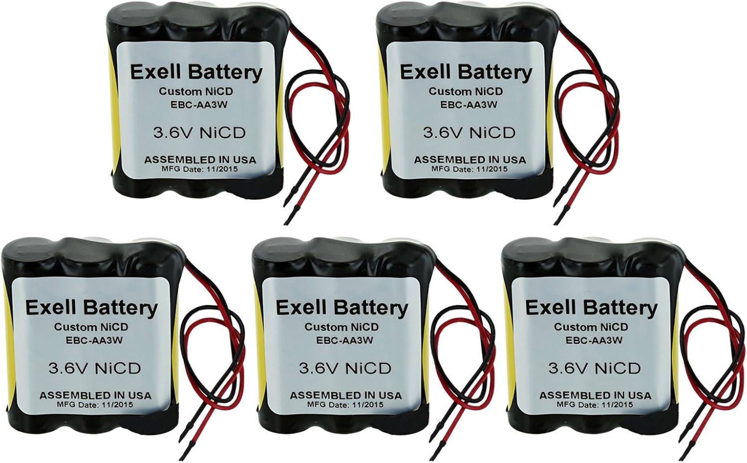 5pc Exell 3.6V Custom NiCd 1000mAh Battery Pack w/ 5" AWG Bare Wire Leads