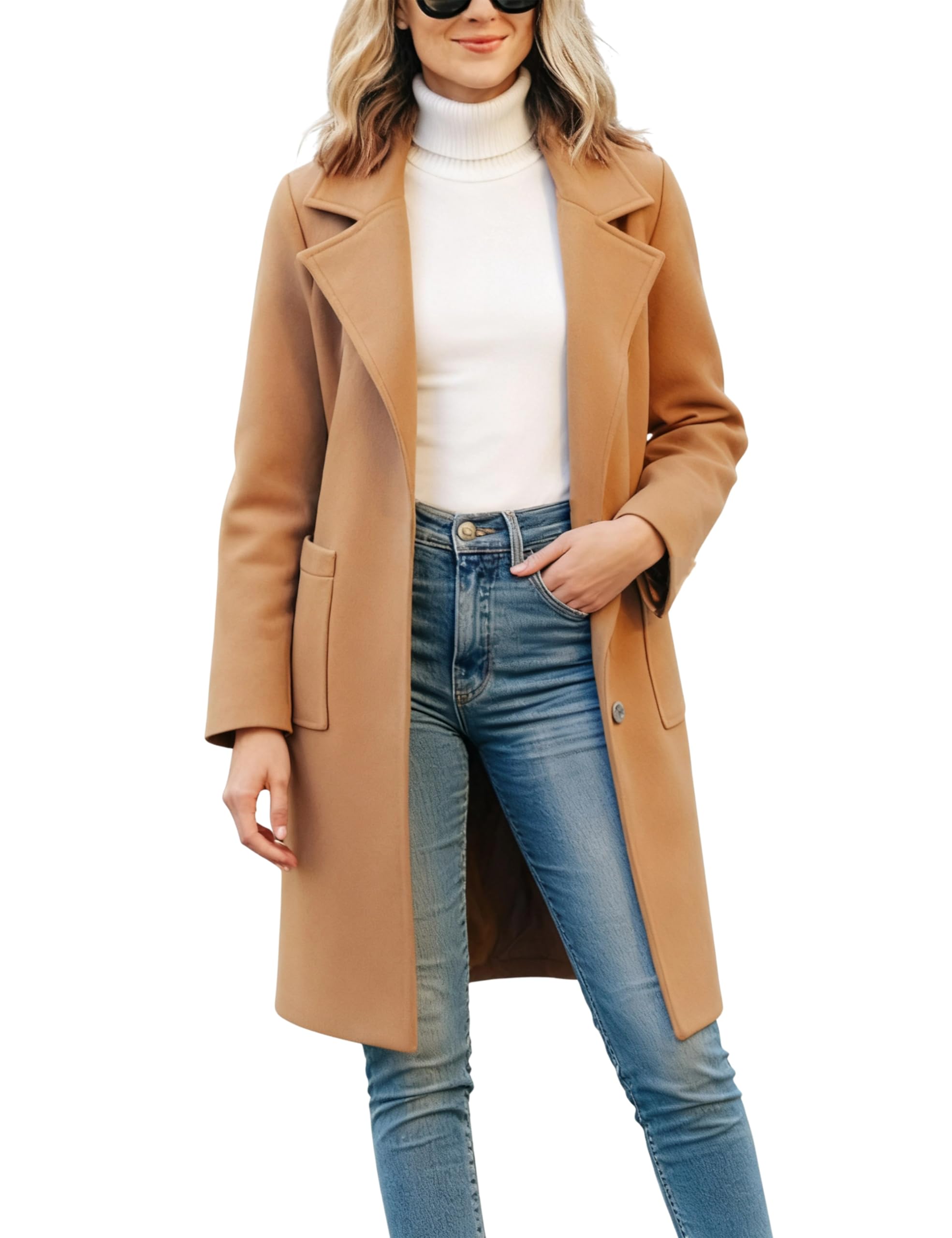 Women's Winter Wool Blend Coat Notch Lapel Mid Long Single Breasted Pea Coat Jacket Outwear