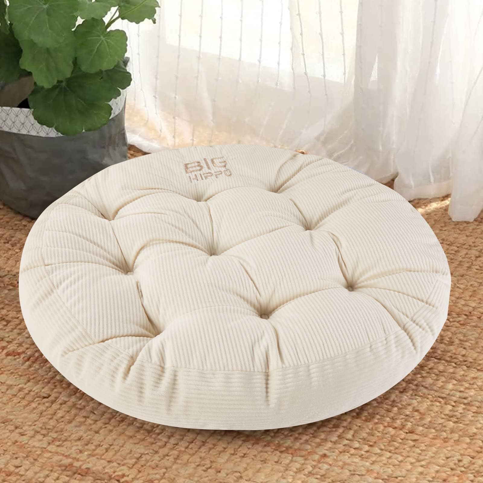 Big Hippo Floor Pillow Cushion, 22 Inch Round Seat Cushions Thick Meditation Cushion for Yoga Living Room Sofa Balcony Indoor & Outdoor (Beige)