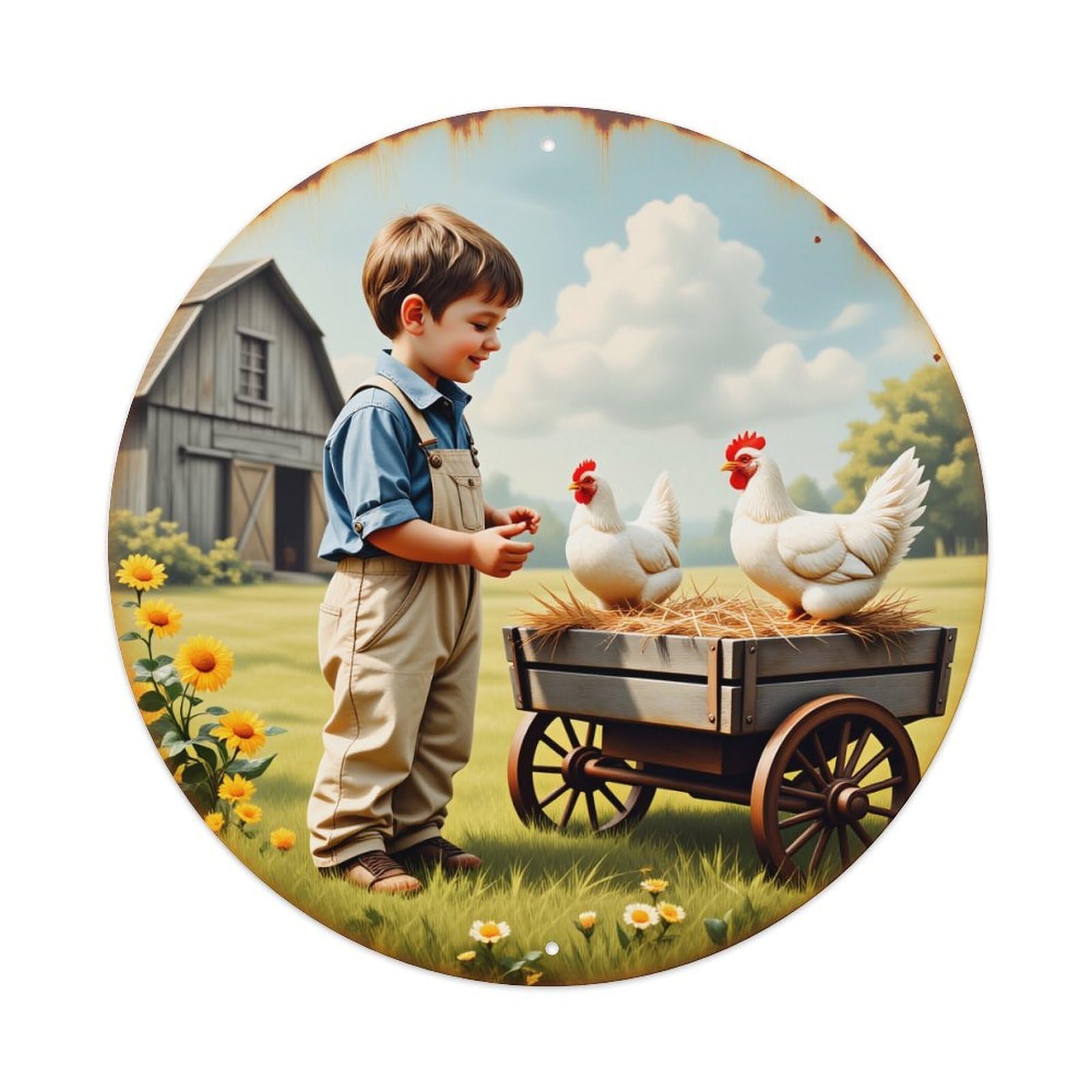 Boy Feeding Chickens In Cart Round Tin Sign Vintage Style Metal Sign Home Bar Garden Wall Plaque Decor Metal Poster 8x8 Inch