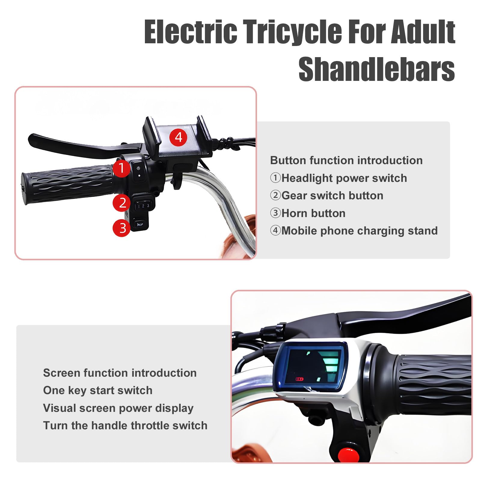 Triciclo elettrico per adulti, motore da 350 W, batteria rimovibile da 48 V, pneumatici da 20 pollici, telaio a scavalco basso, ampio cestino posteriore.