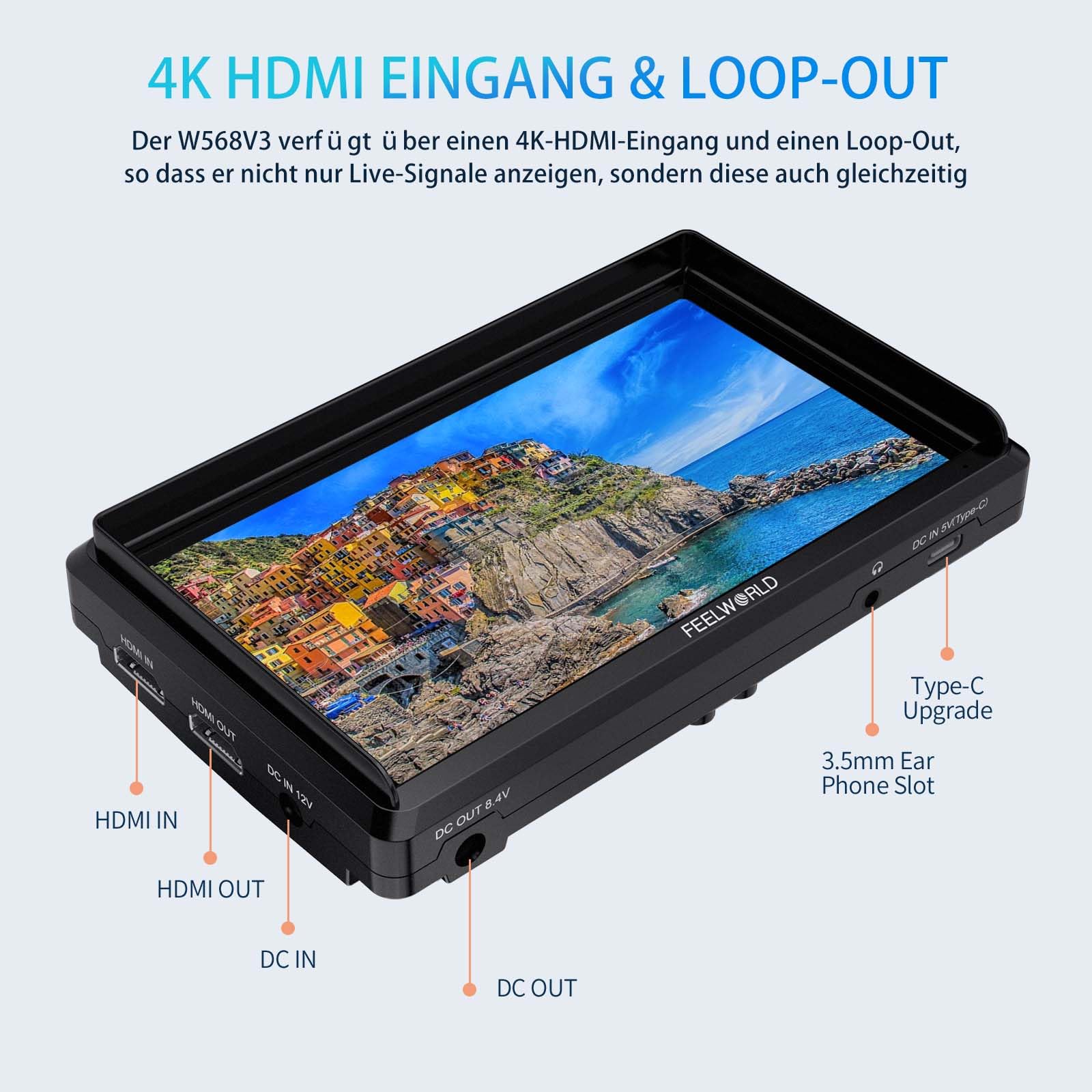 FEELWORLD FW568V3 6 Zoll Kamera FeldMonitor 4K HDMI DSLR Video Externer Monitor 3DLUT mit F550 Akku Kameratasche Sonnenschirm Peaking Histogramm für DSLR