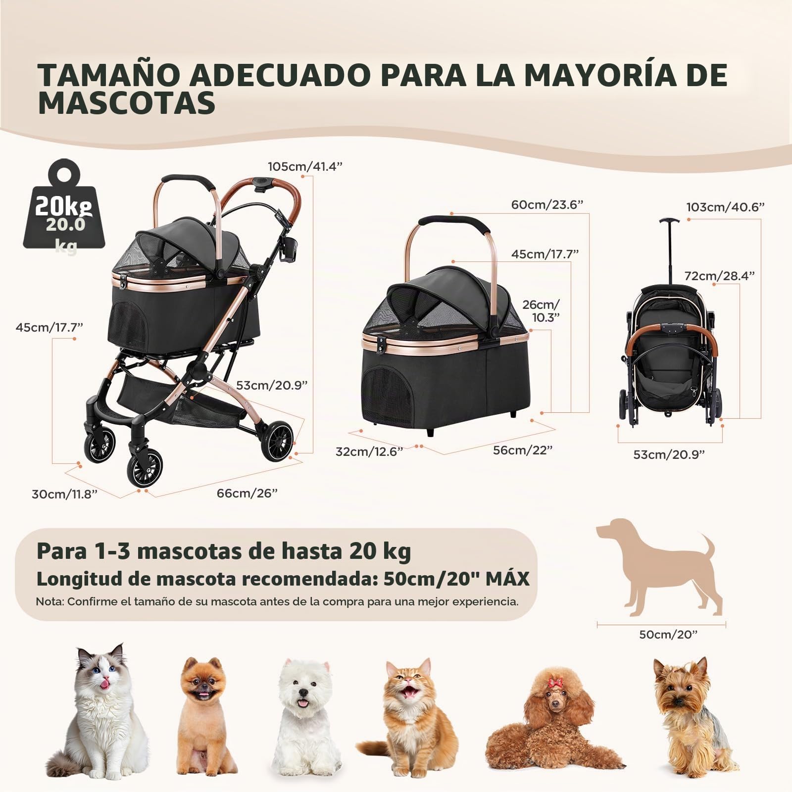 Gimars Mejora 4 en 1 Soporta 20kg Carrito Plegable para Perros Gatos Mediano Pequeño, Cochecito Perro con Portabebés Desmontable Ruedas Delantera Goma 360° Lluvia Funda Almacenamiento Cesta Negro