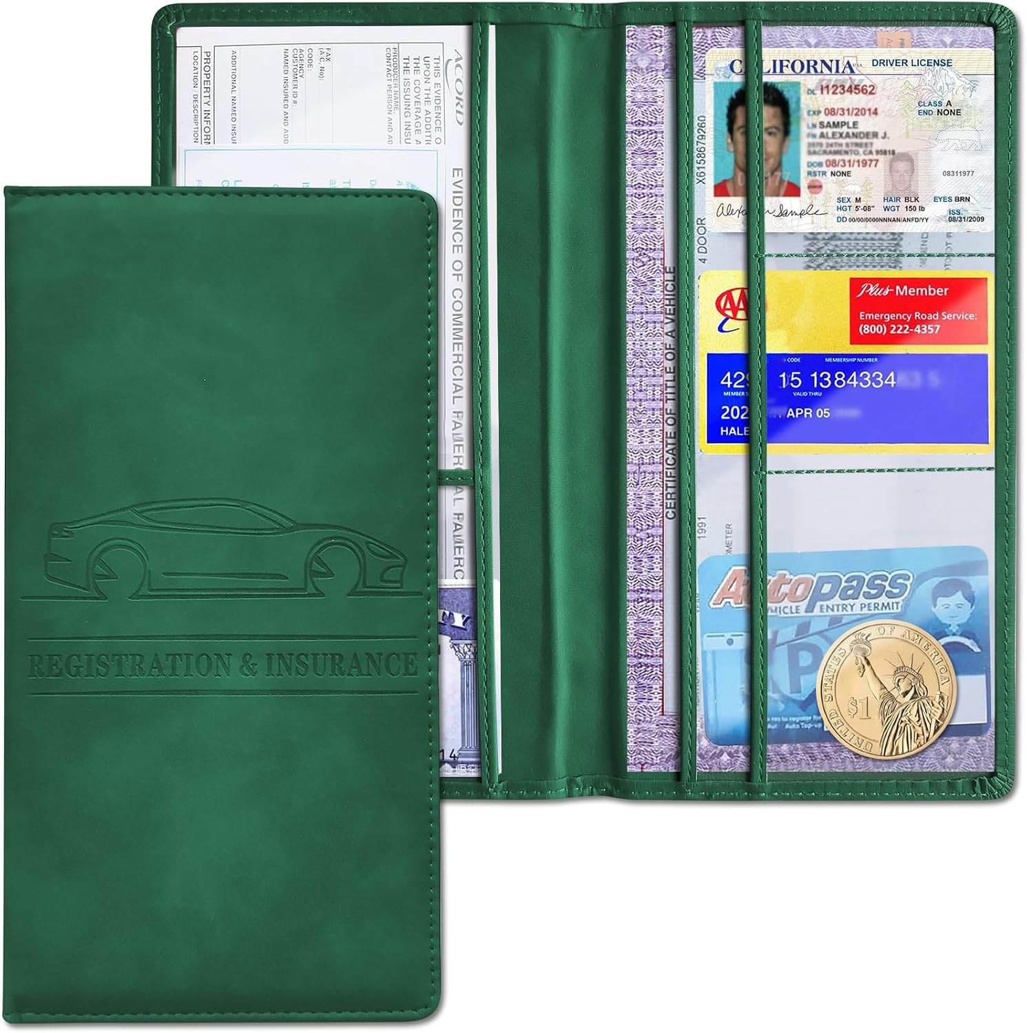 Car Registration and Insurance Holder, PU Car Glove Box Organizer, Travel Documents Folder, Universal Car Storage Pocket Accessories for Documents, Cards, License, Passport,Case (Dark Green)