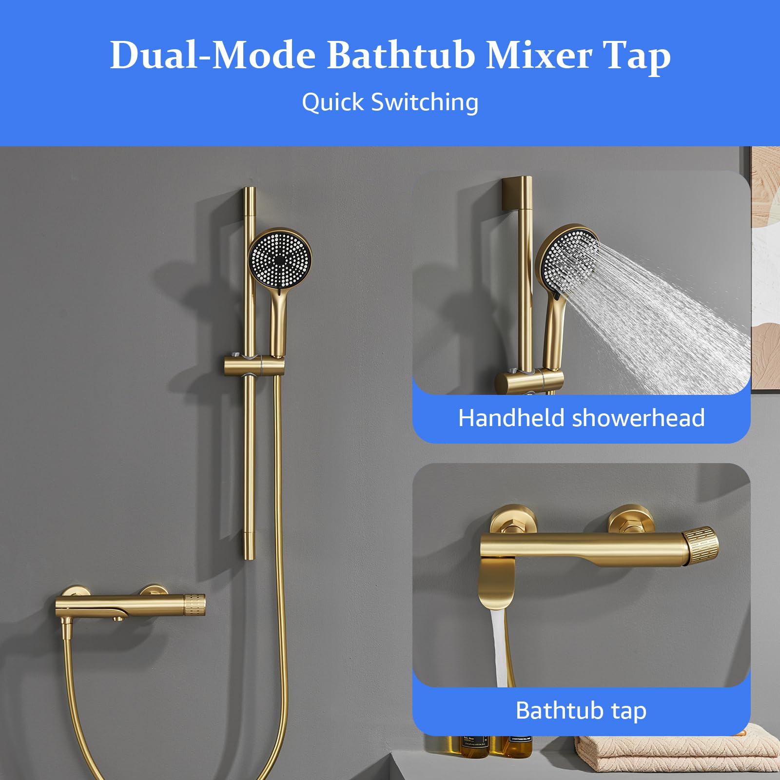 Badewannenarmatur Mit Handbrause, 90° Drehbaren Auslauf | Badewannenarmatur Gold, Badewanne Armatur aus Messing, Inkl 3 Funktionen Handbrause, 150cm Brauseschlauch