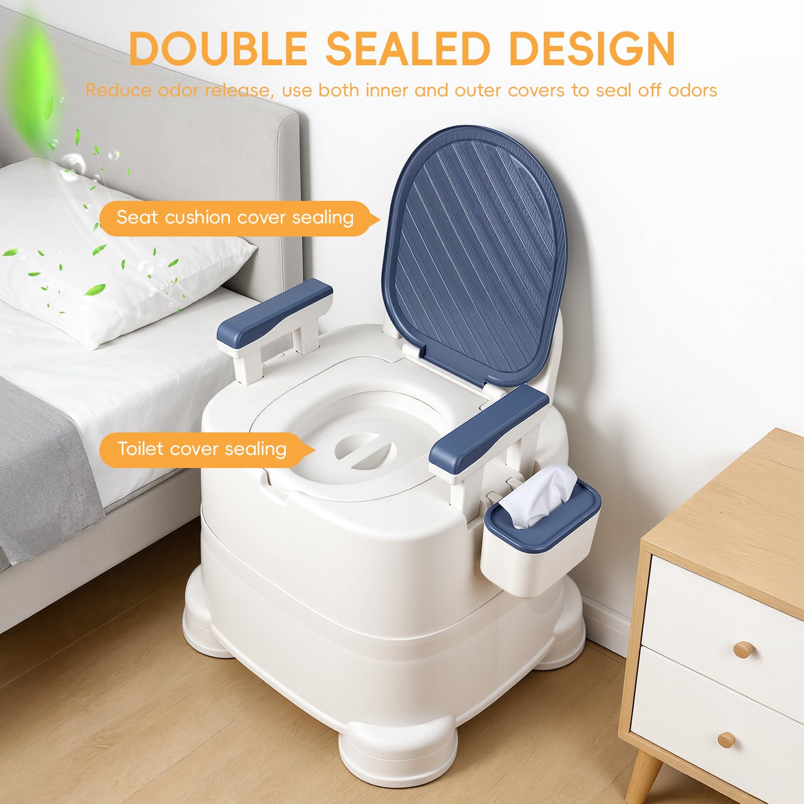 Portable Commode Chair with Removable Armrest, Bucket & Paper Holder