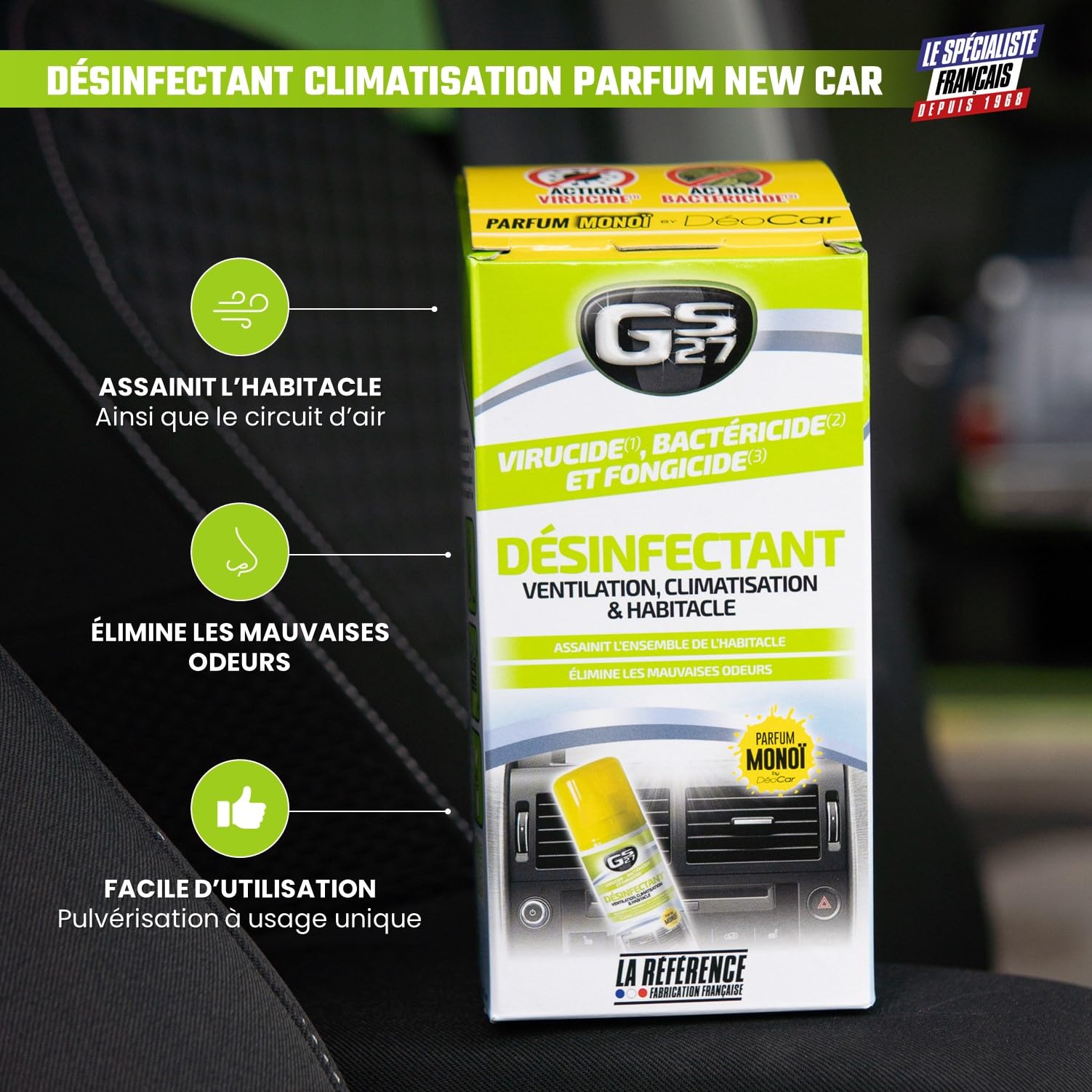 GS27 - Désinfectant Climatisation Voiture - Assainit la Ventilation et l'Habitacle - Parfum Monoï, Dark Sensation
