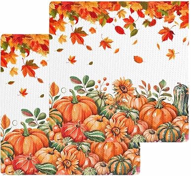 Waffle Weave Dishcloth Kitchen Towels Sets, Thanksgiving 2 Pcs Dish Towel for Super Absorbent, Fall Pumpkin Sunflower Orange Watercolor Cleaning Towels for Bar Table Wiping, 12 x 12 Inches