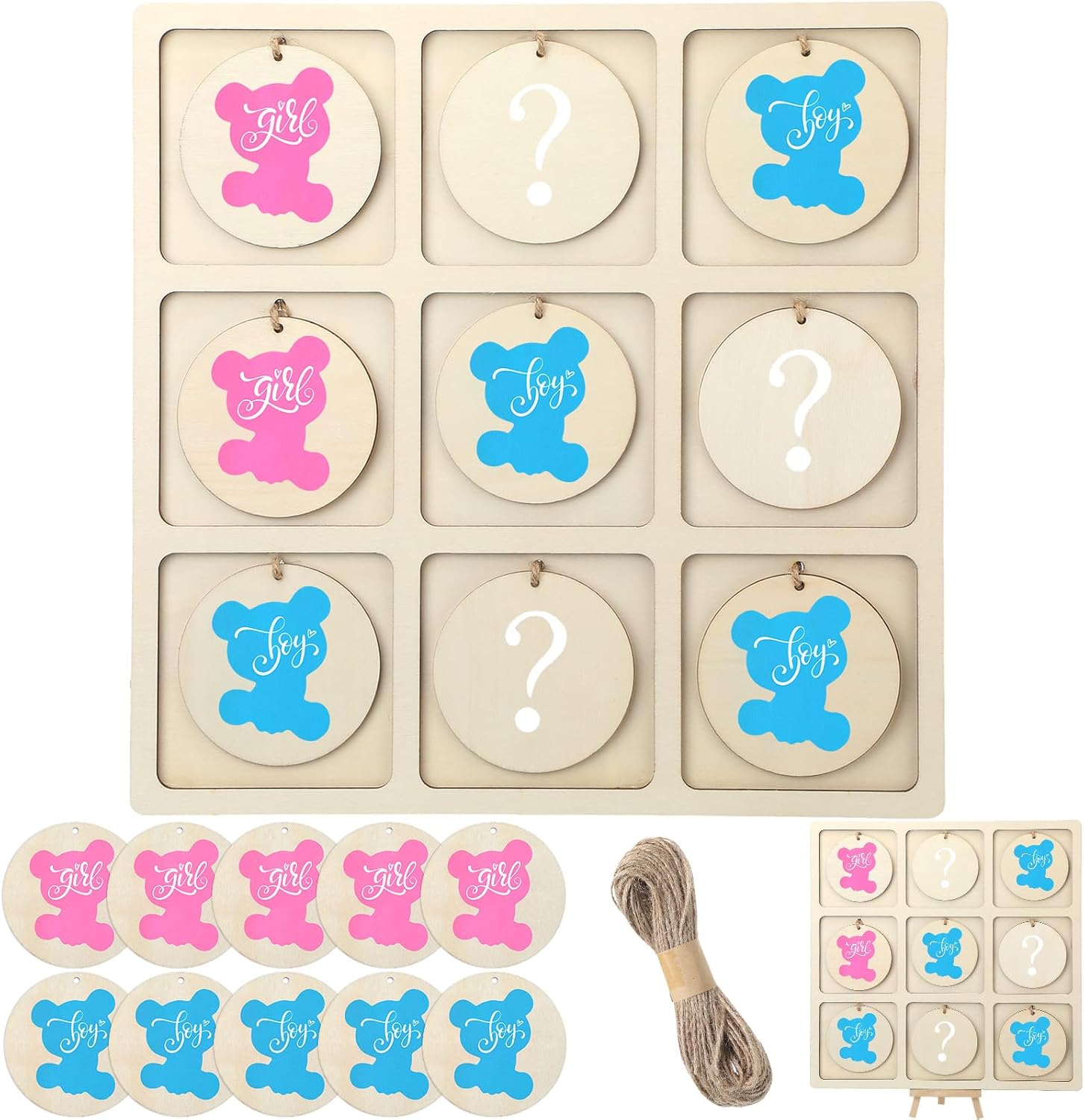 Geetery Gender Reveal Table Board Game Wooden Gender Reveal Board with 10 Game Chips 1 Twine and 1 Support Easel Funny Baby Shower Ideas for Boy or Girl Party Supplies Baby Table Decor(Bear)