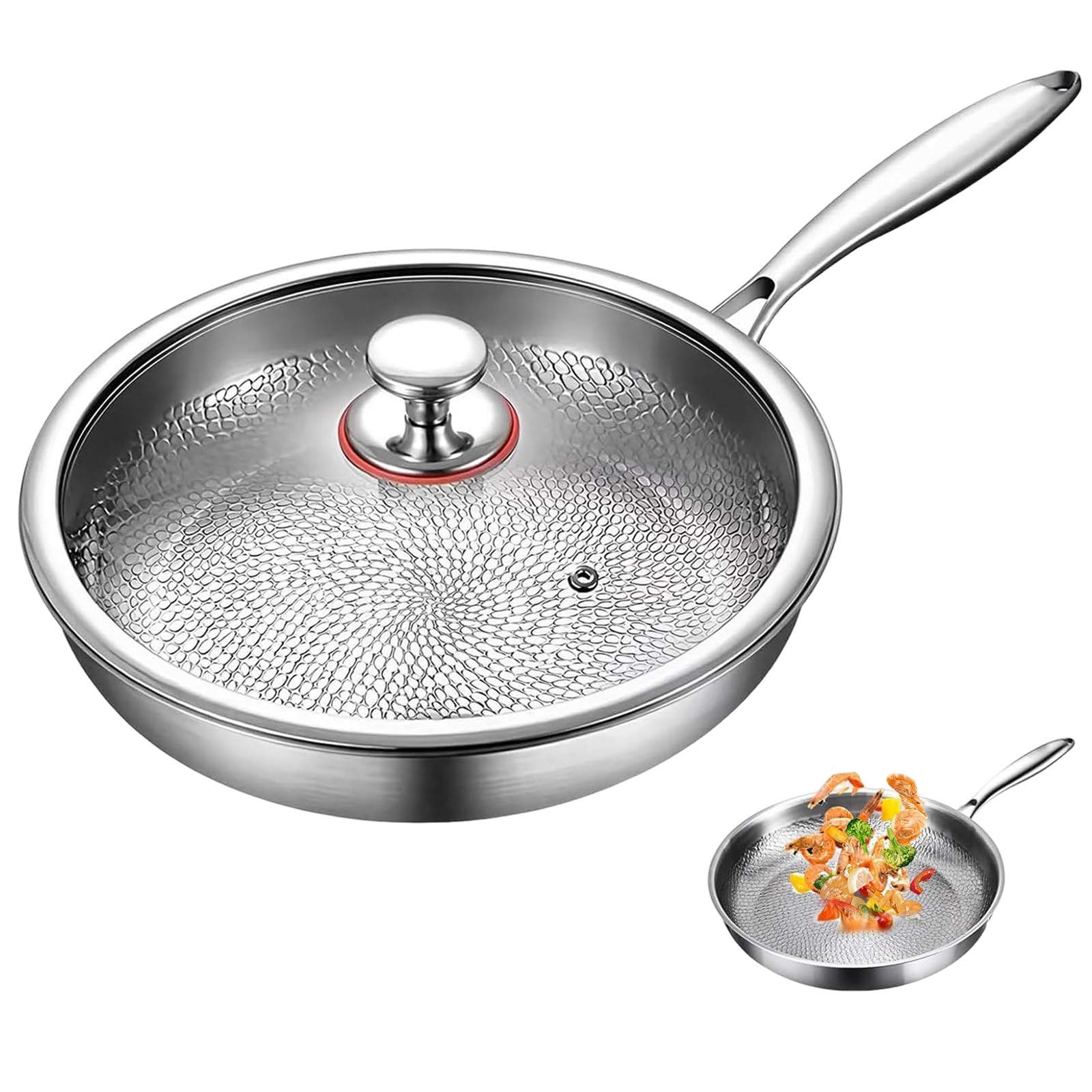 JDKJAG 10"/11"/12" Titanium Frying Pan, Titanium Hammered Pan Pro with Lid, Ultra-Durable Scratch-Resistant Non Stick Titanium Nutri Frying Pan, Multifunctional No Coating, 12"-30cm