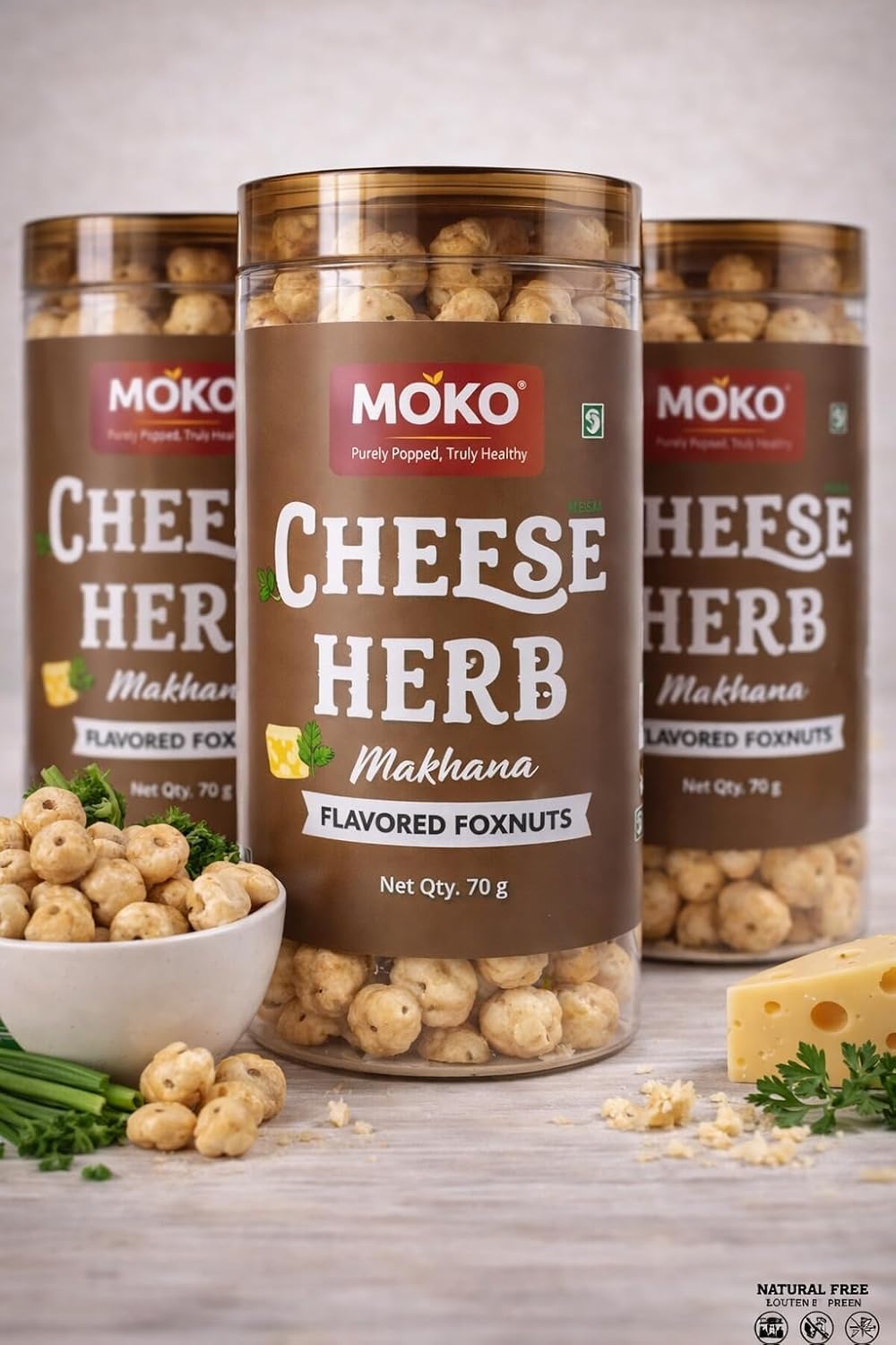 MOKO Cheese & Herb Makhana β Roasted Foxnuts Snack, Gluten-Free & High Protein, Healthy Lotus Seeds, Light & Crunchy Evening Snack, 70g 2