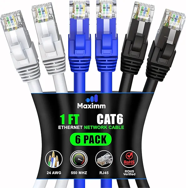 Maximm Cat 6 Ethernet Cable 1 ft (6-Pack) - High-Speed LAN Cable, Internet Cable, Patch Cable, and Network Cable - UTP, 10Gbps, 550MHz Ethernet Cord - Tricolor