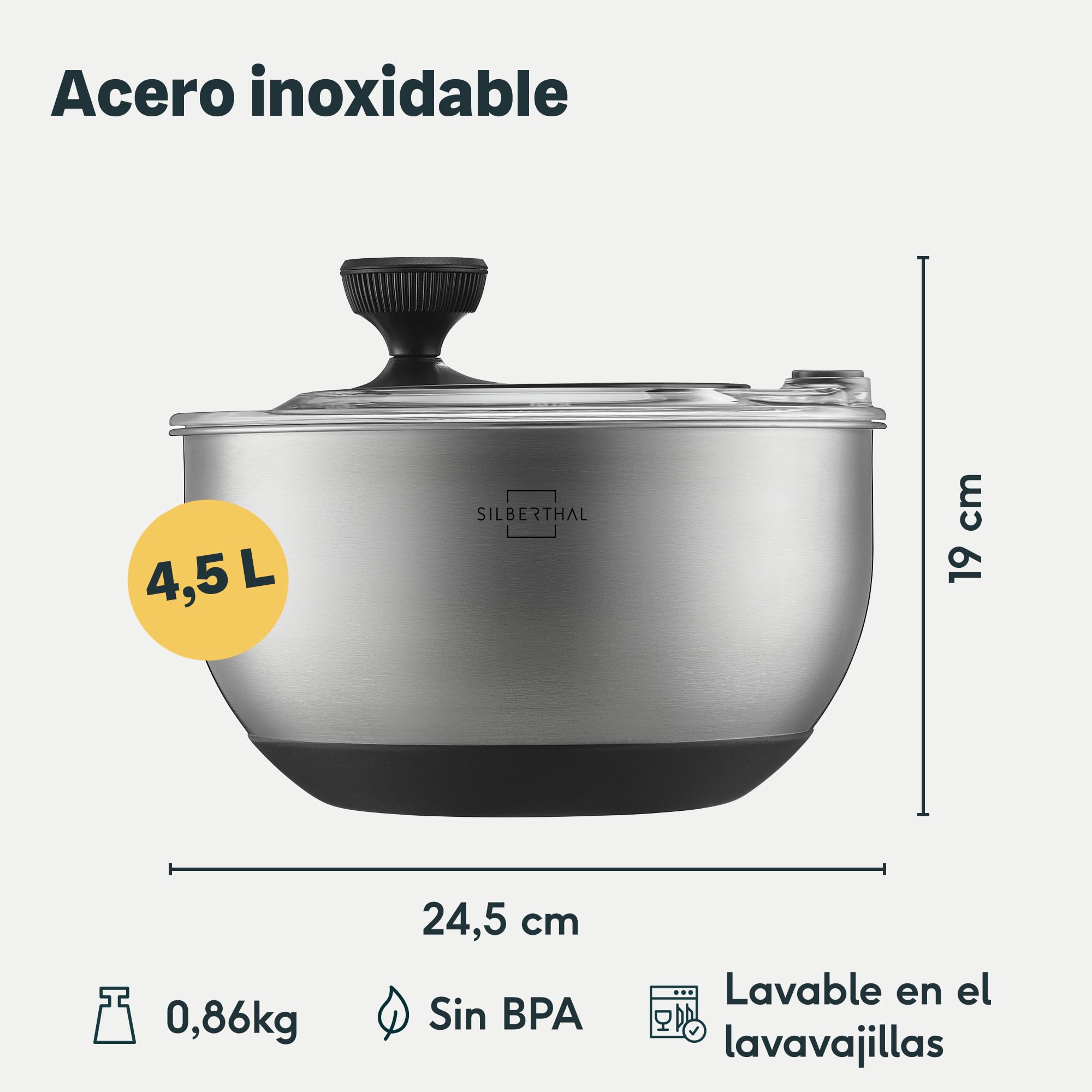 SILBERTHAL Centrifugadora ensalada acero Inoxidable 4,5L - Escurridor lechuga grande - Antideslizante