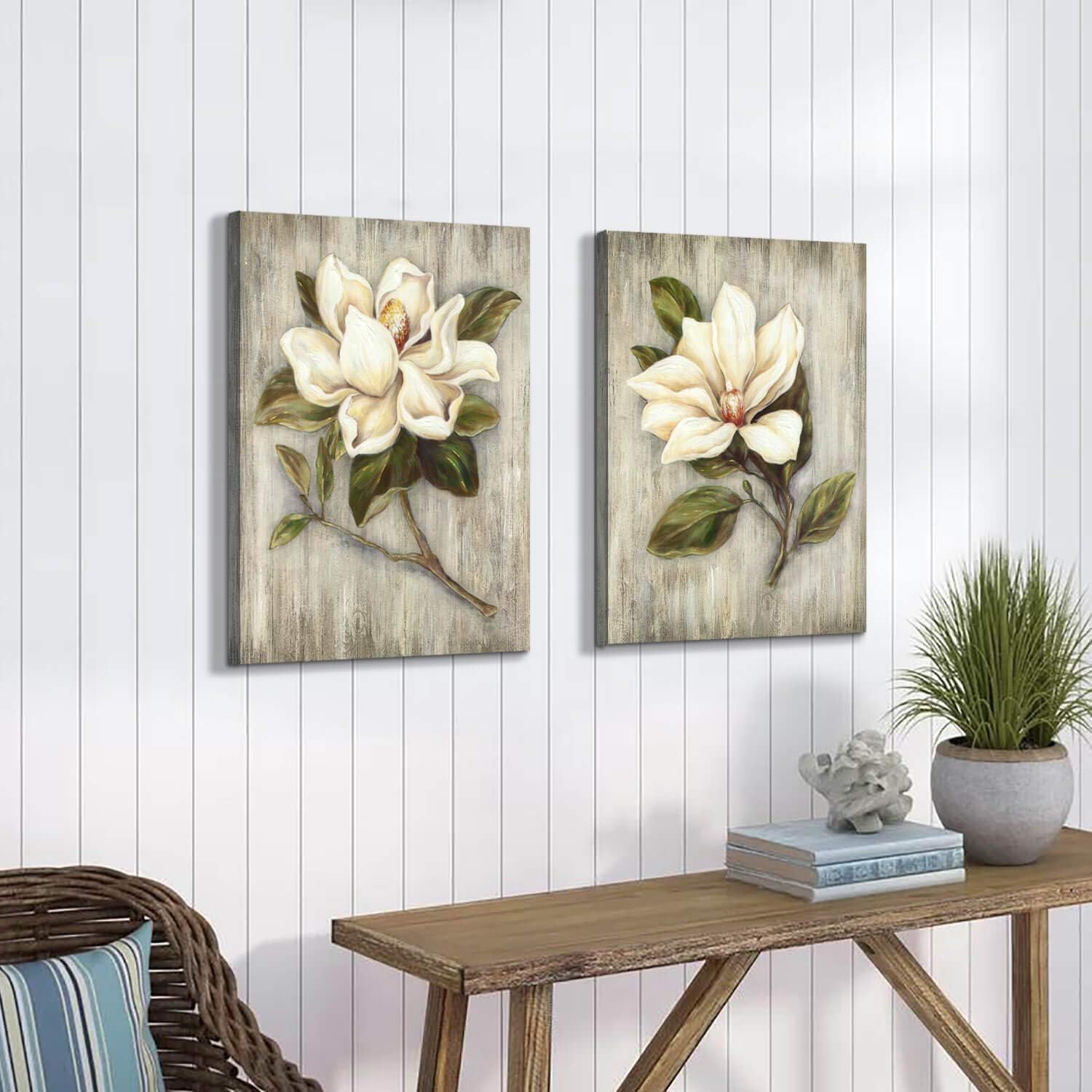 TAR TAR STUDIO White Flower Magnolia Canvas Wall Art: Blossom Floral Artwork Over Wood Background Canvas for Living Bathroom Room Decor Rustic Wall Decor for Farmhouse Kitchen(18''H x 24''W x 2PCS)