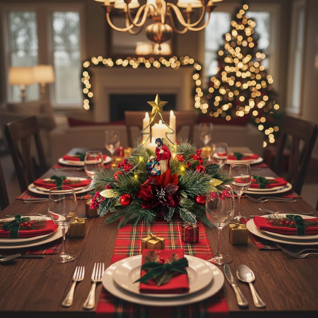 Eksen Nativity LED Christmas Tree Tabletop Centerpiece, Holy Family Christmas Decoration with Warm Lights, Red Poinsettia & Pine Accents for Holiday Home, Mantel or Dining Table Display(Red)