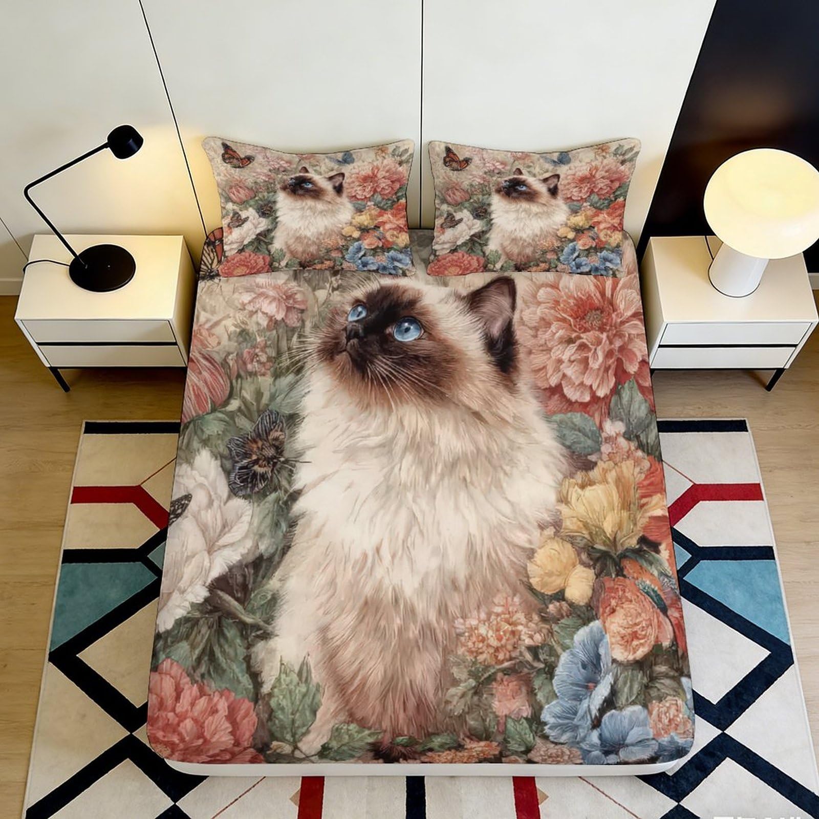 3D Printed Siamese Cat Floral Fitted Sheet Microfiber Non-Slip Mattress Cover Bedroom Dorm Decorative Easy Care 200x200x25cm