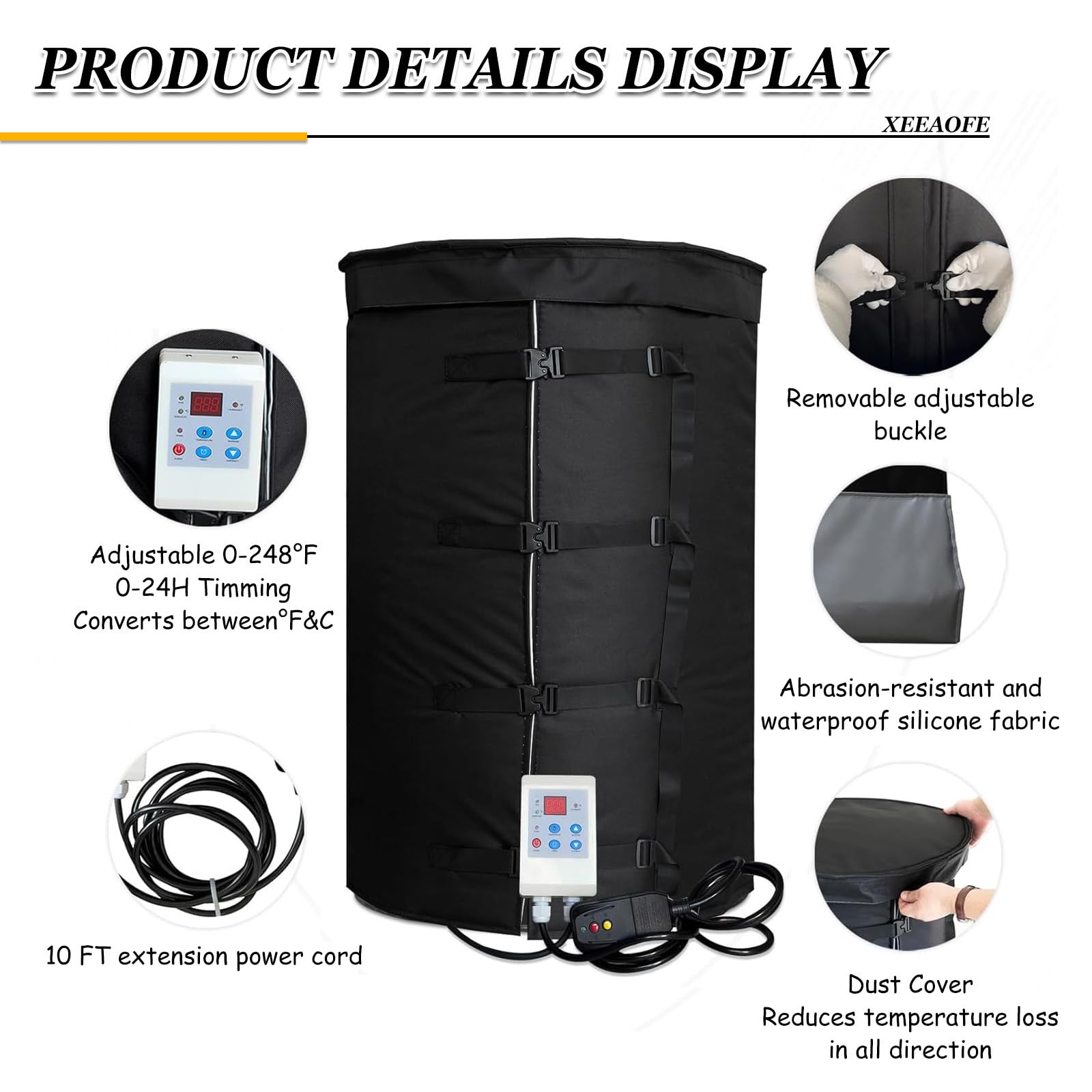 Manta Calefactora Aislada para Tanque de Propano 2000W & Calentador de Tambor/Cubeta para Barril de 55 Gal con Termostato Ajustable (0-250℉), Almohadilla Calefactora Metálica para Miel, Pintura Black