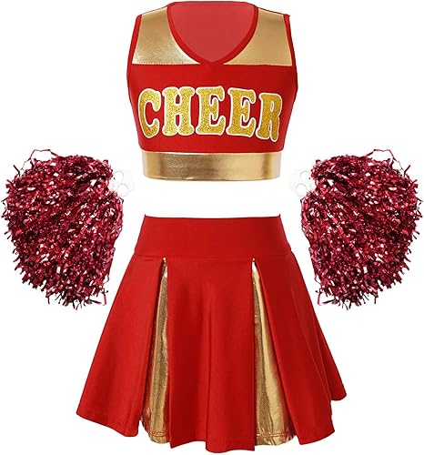 FEESHOW Disfraz de líder de animadora para niñas, uniforme de animadora, camiseta sin mangas con falda plisada