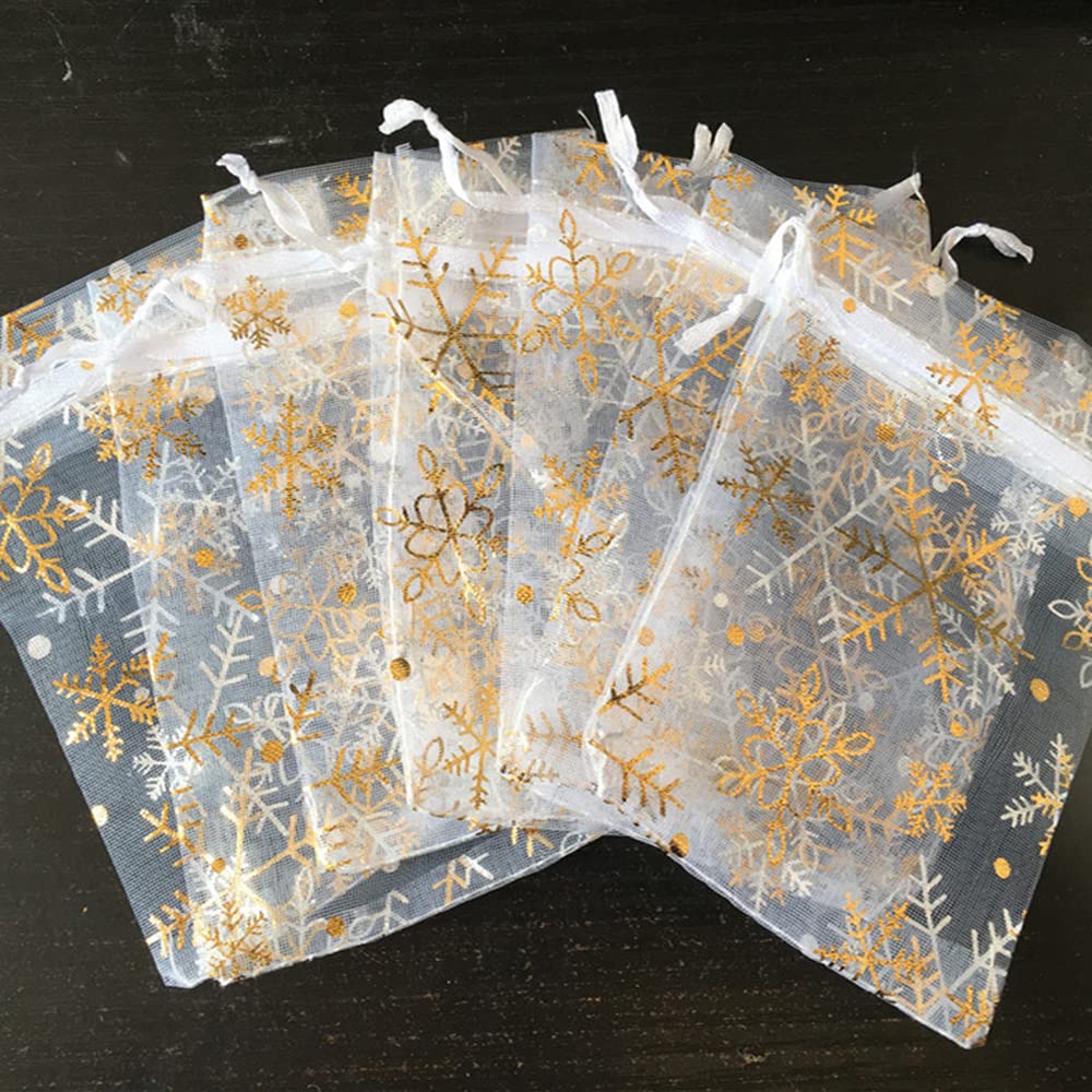 60 Goldene Schneeflocken-Organza-Beutel Mit Kordelzug – 10,2x15,2 Cm, Für Weihnachtsgeschenke & Süßigkeiten