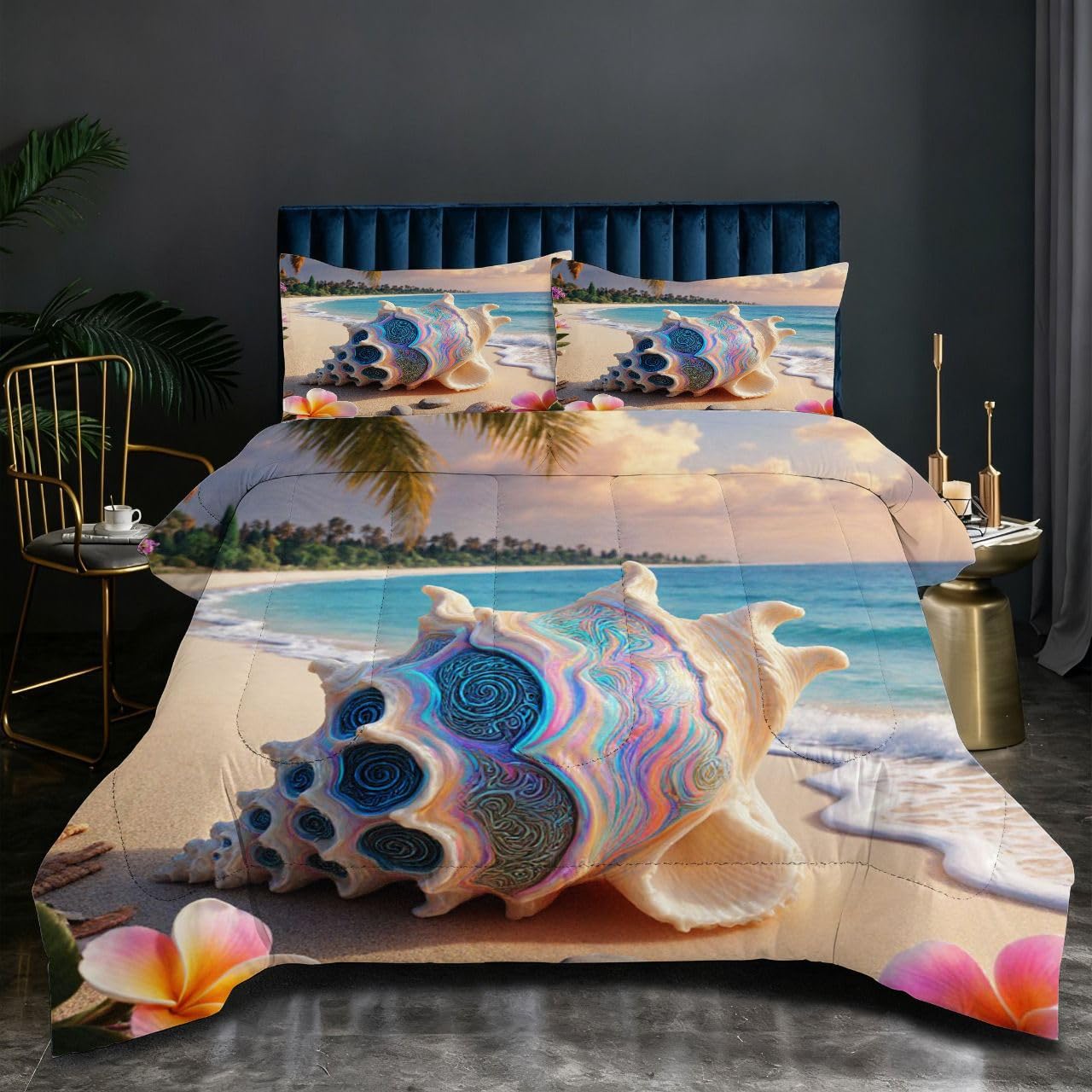 Ensemble Lit Complet 160x200 cm Coquillage Coloré, Housse en Microfibre Imprimée et Duvet Coton 4 Saisons, Comprend 2 Taies, Excellence et Qualité Supérieure, Chaud et Respirant I264-