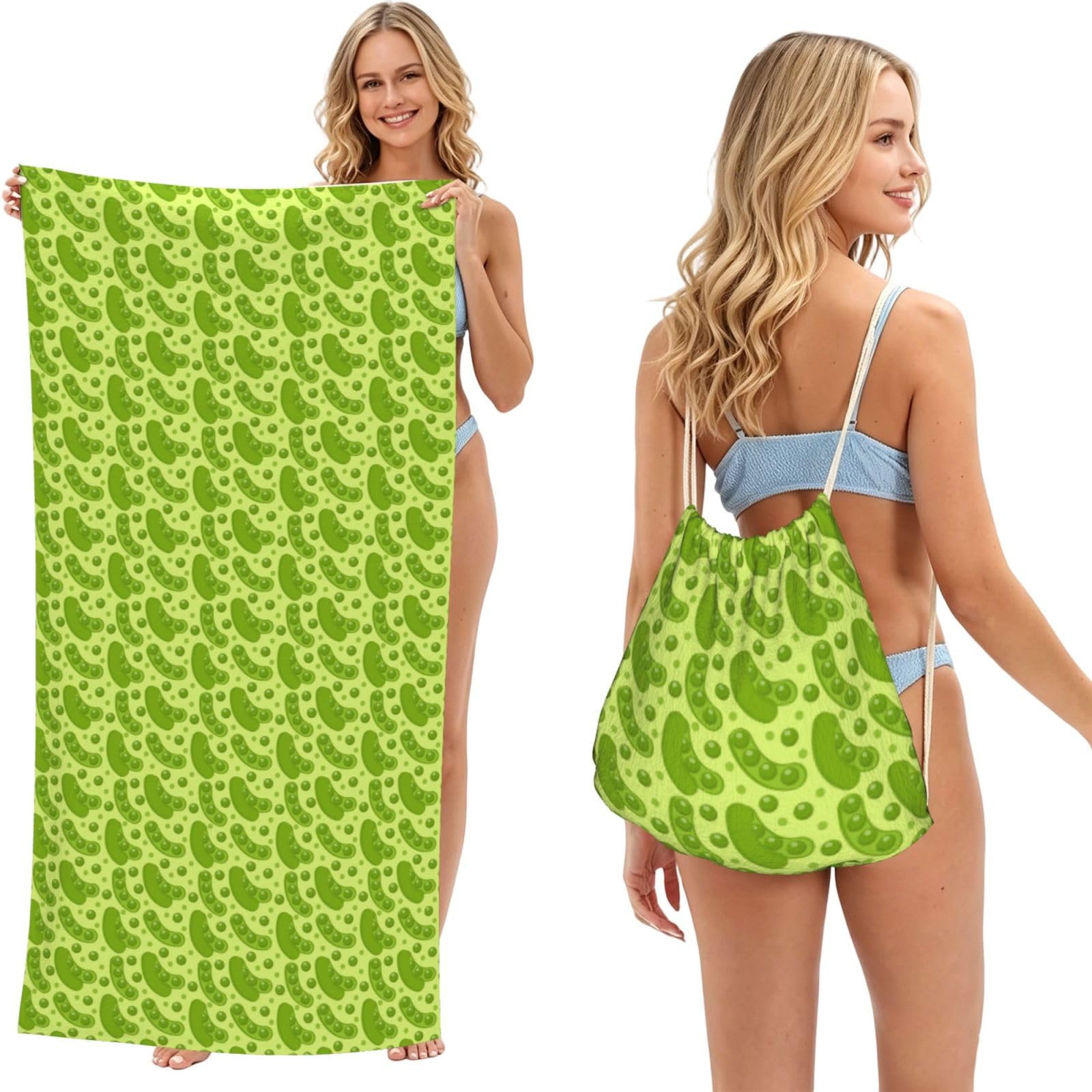 Poadnly As Picture Cartoon Pea Pattern, 2 In 1 Packable Towel Bag, Beach Towels With Drawstring Backpack For Travel Holiday Camping