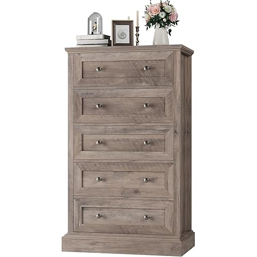 5 Drawer Dresser, 47.2'' Tall Dresser with 5 Drawers, Chest of Drawers Cabinet for Hallway Living Room, Wash Gray