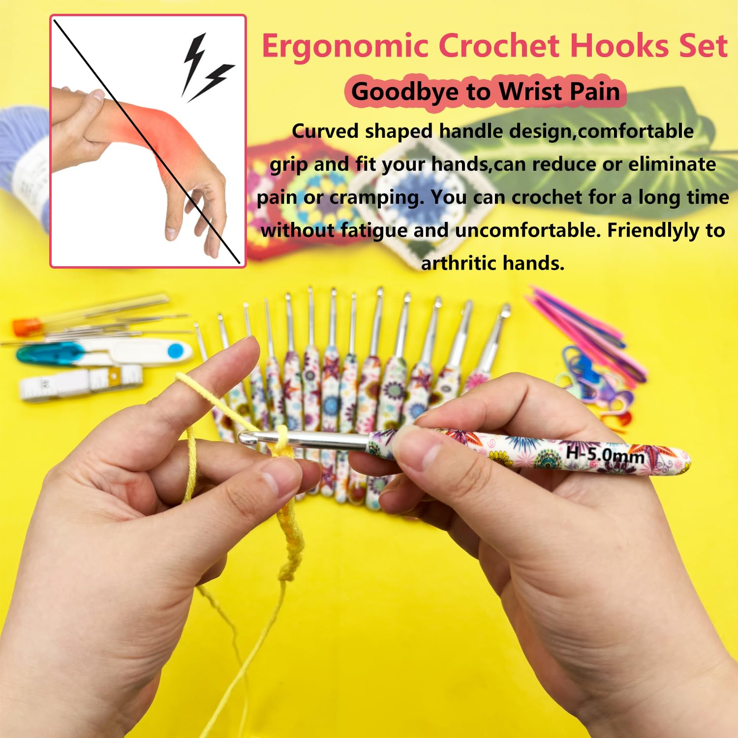 Hobekoee Juego de ganchos de ganchillo de 14 tamaños, mango ergonómico, 2,25 mm (B)-10 mm (N) ganchos de ganchillo para manos artríticas, agujas de ganchillo completas con estuche para principiantes