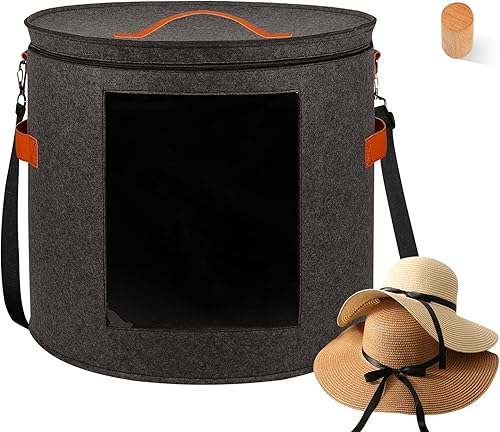 kushon Oversized Hat Storage Box for Women & Men19" D x 17" H Cowboy Hat Boxes with 1 Wood Hook Felt travel Round Hat Organizer Box with Dustproof